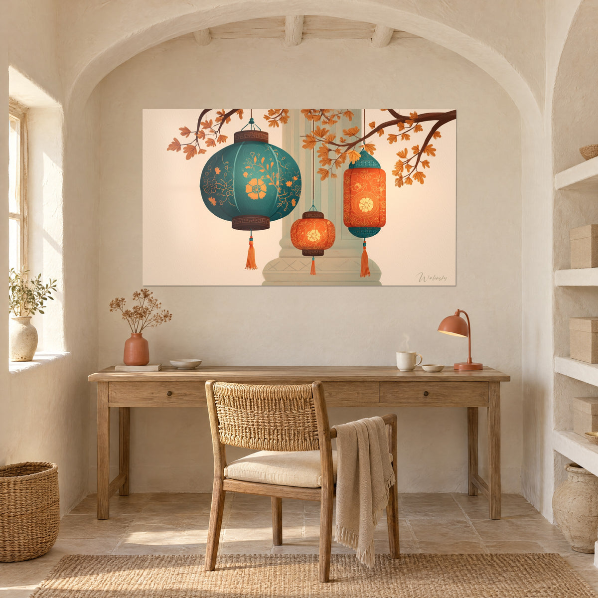 Wall art of a trio of turquoise and coral Asian lanterns in front of a pale column, on the wall of a light stone office