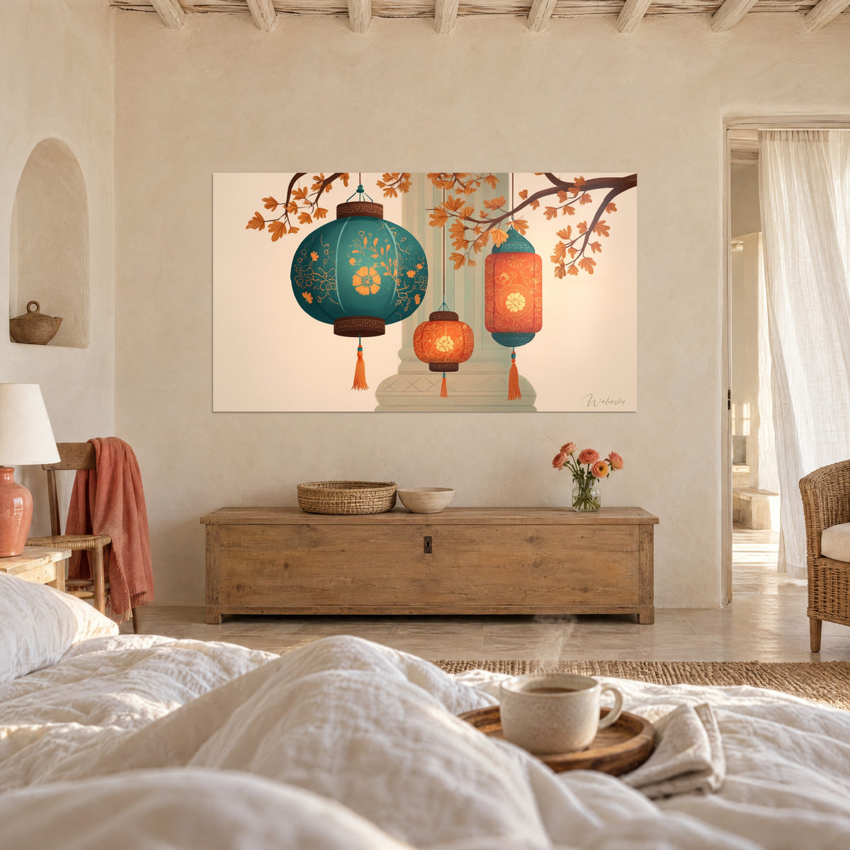 Wall art of turquoise and orange oriental lights, russet branches and a beige column, hung above a bed in a bright bedroom
