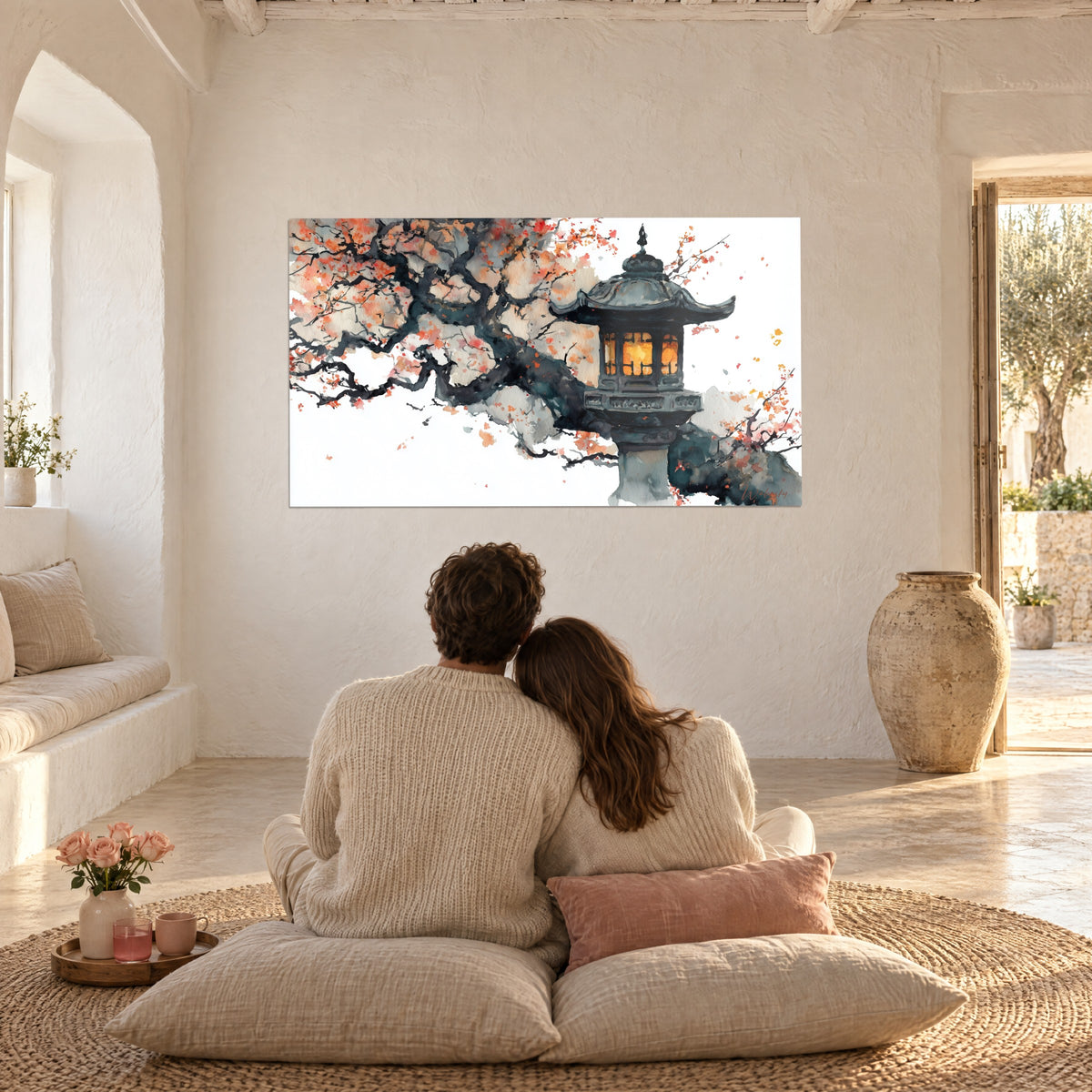 Cuadro árbol en flor sobre fondo blanco, linterna dorada y manchas rosas, contemplado de espaldas por una pareja sentada en cojines crema