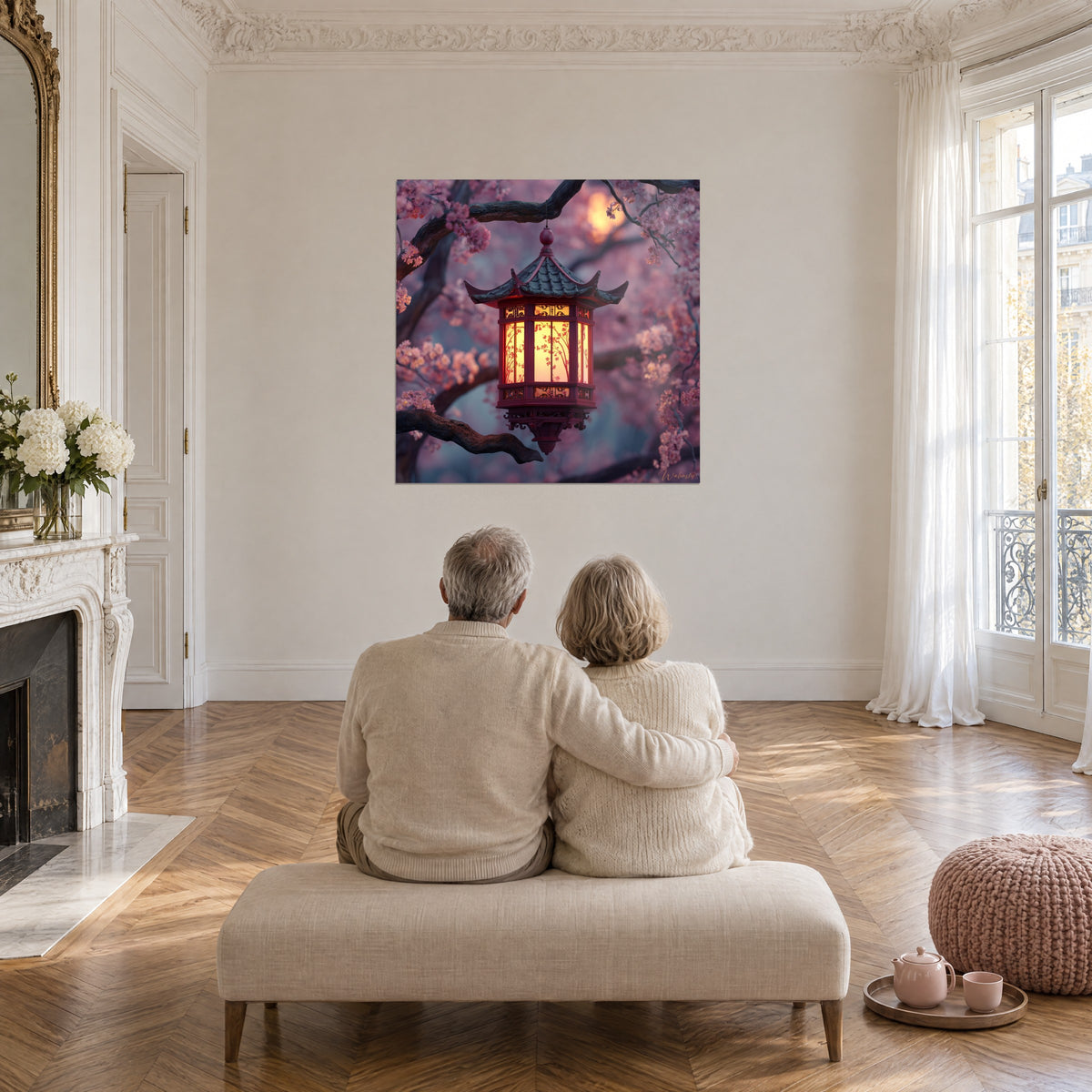 Japanische Laternen-Wandbild Kirschbaum Rosa