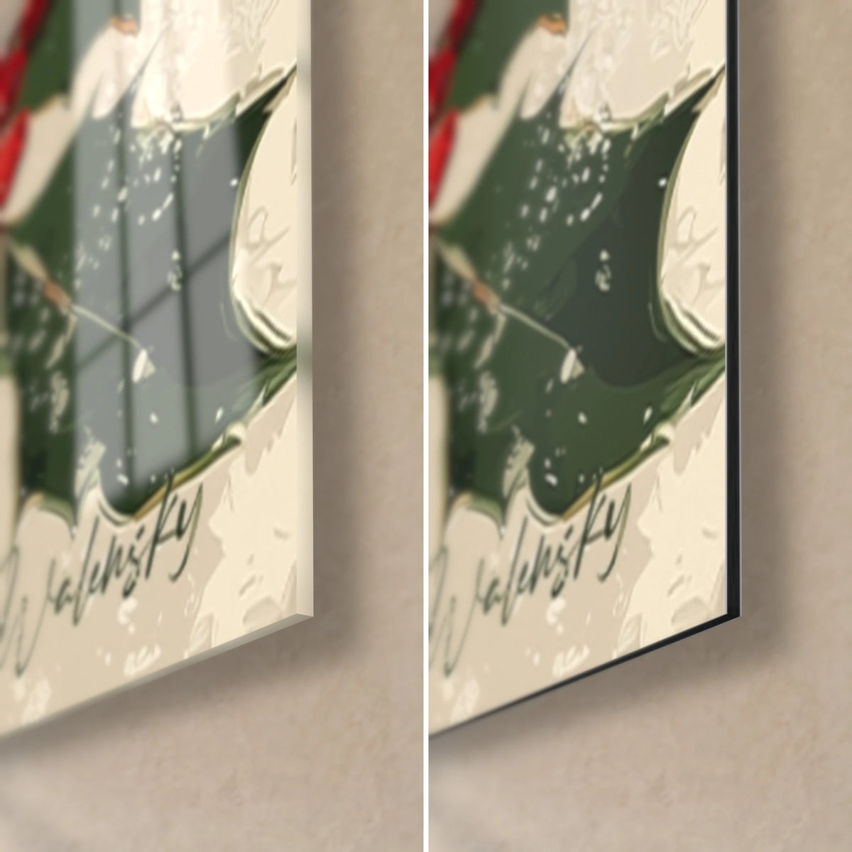 Tableau photophore de Noël, coin bas droit : verre acrylique brillant à gauche, alu Dibond noir mat à droite, tranche de 3 mm