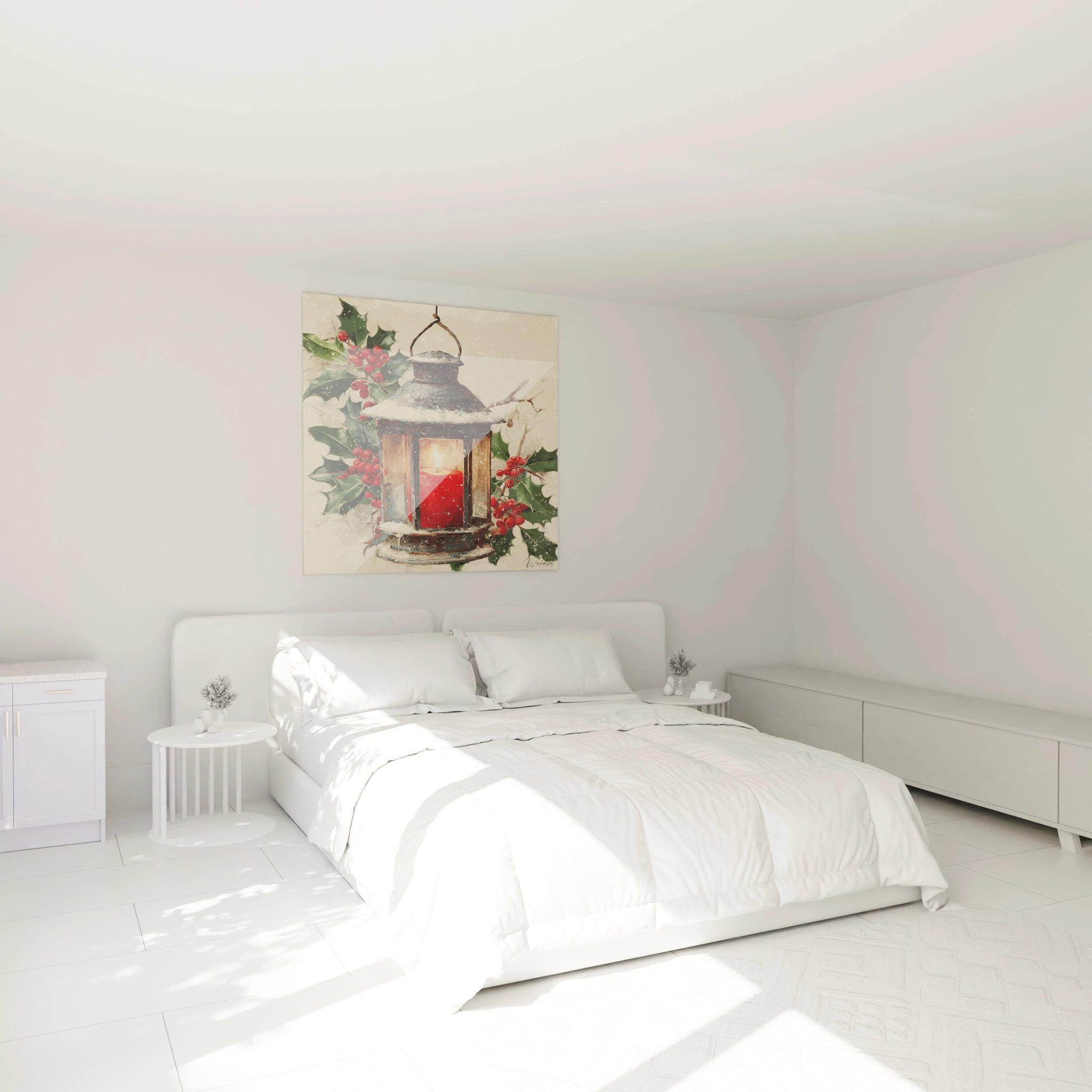 Tableau lanterne Noël de Walensky représentant une lanterne décorée dans une chambre moderne
