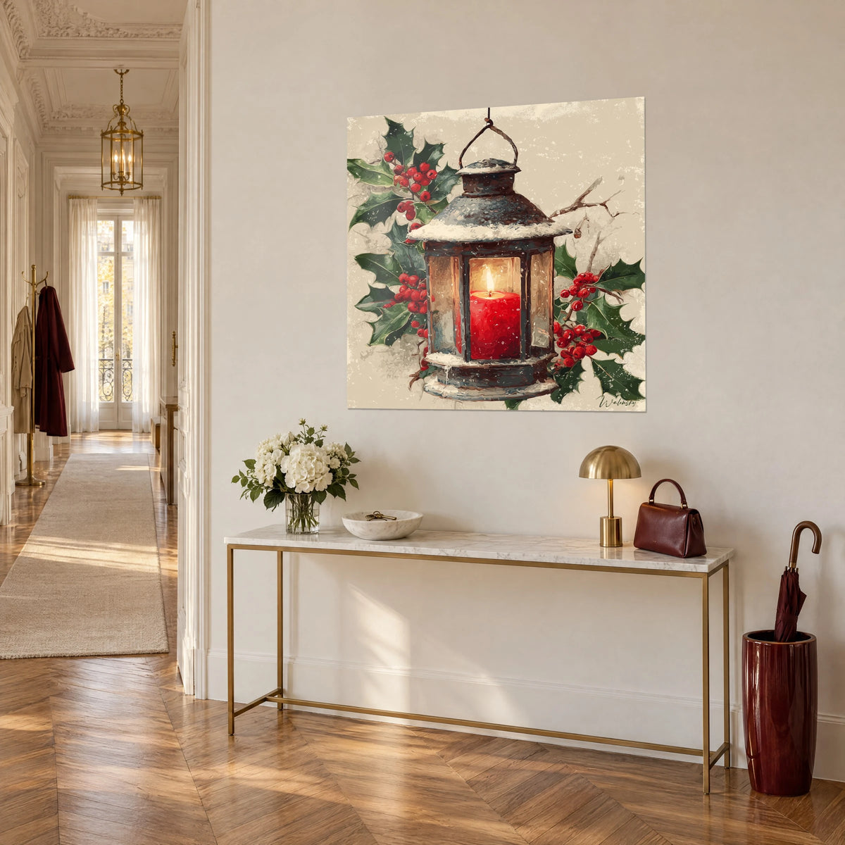 Tableau chandelle rouge flamboyante dans sa cage de métal brun, neige poudrant le toit, houx sombre, au-dessus d'une console dorée