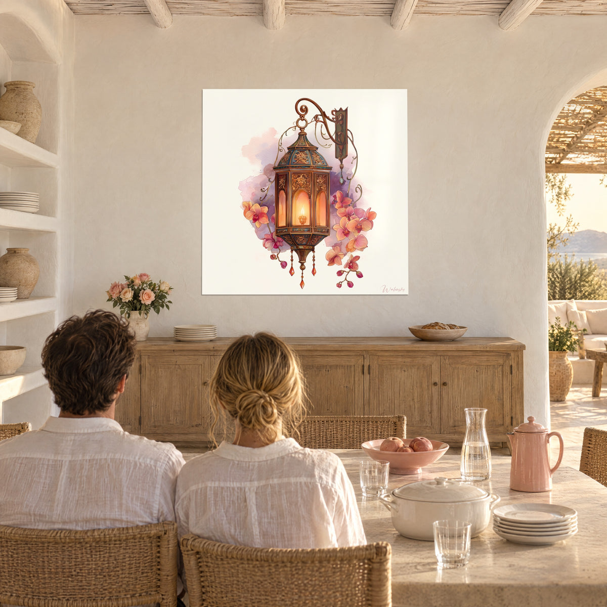 Wall art Faceted lantern glowing soft orange, salmon orchids and lilac watercolour, facing a light wood table, rendered wall