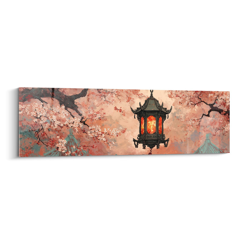 Tableau lanterne japonaise suspendue aux cerisiers roses - Lueur dorée printanière - Edition Lanterne