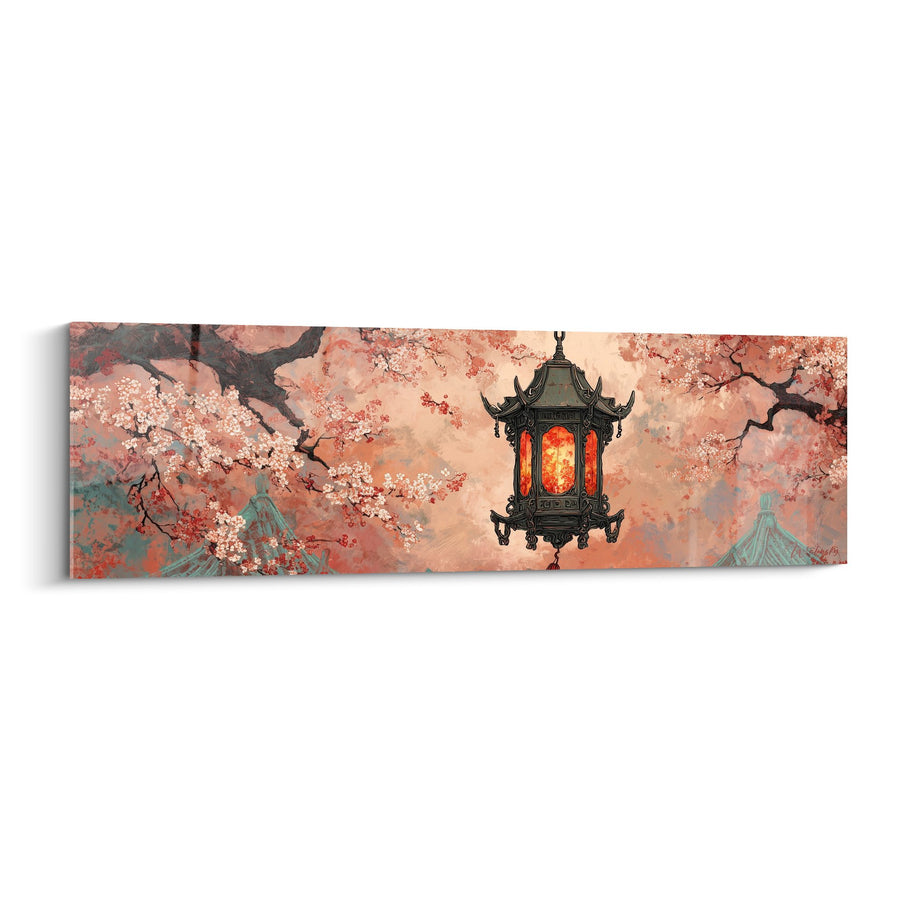 Tableau lanterne japonaise suspendue aux cerisiers roses - Lueur dorée printanière - Edition Lanterne