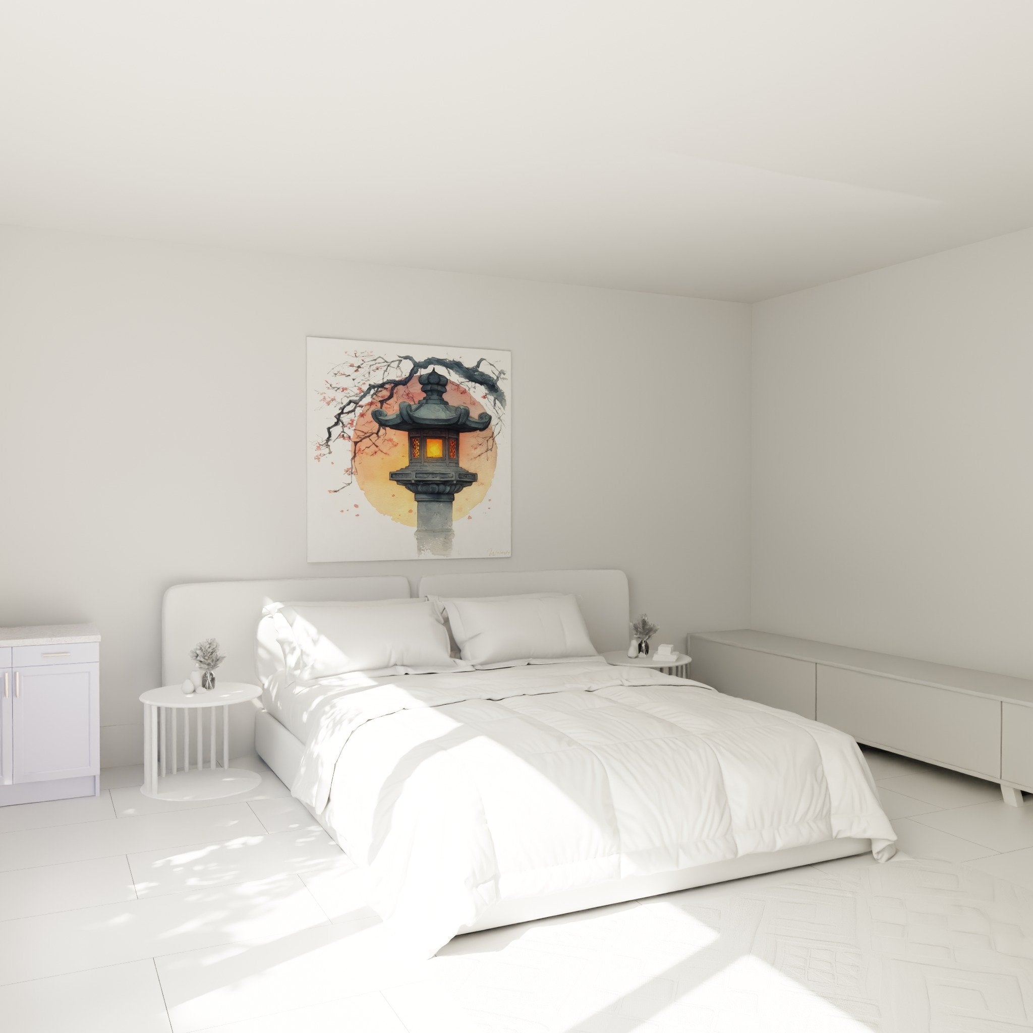 Tableau lanterne japonaise dans chambre decoration murale art oriental ambiance zen tons chaleureux