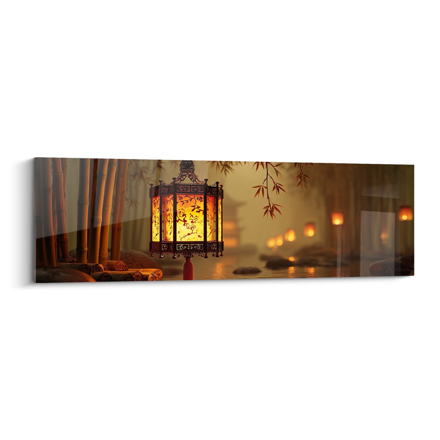 Tableau Lanterne Japonaise Dorée aux Motifs Floraux dans Ambiance Chaleureuse - Lumière d'Orient - Edition Lanterne