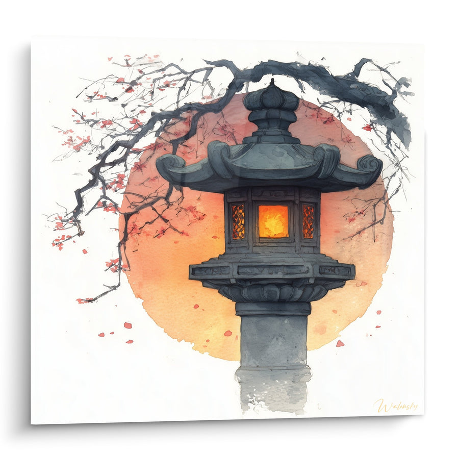 Tableau Lanterne Japonaise Illuminée sur Fond Orange avec Branches de Cerisier - Sérénité Orientale - Edition Lanterne