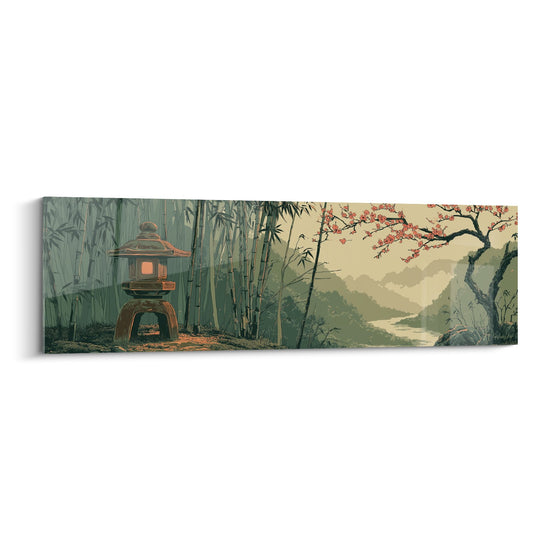 Schilderij Japans Landschap met Stenen Lantaarn en Kersenbloesems - Zen Rustige Sfeer - Editie Lantaarn