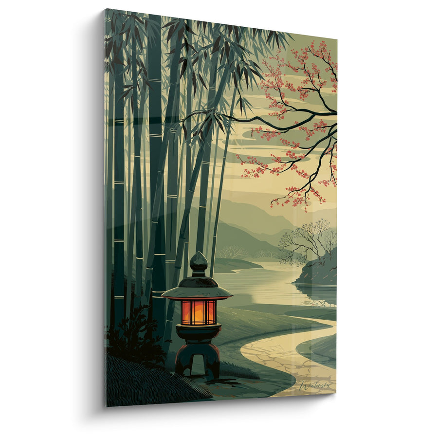 Tableau paysage japonais aux tons dorés et verts avec lanterne traditionnelle illuminée - Sérénité Orientale - Edition Lanterne