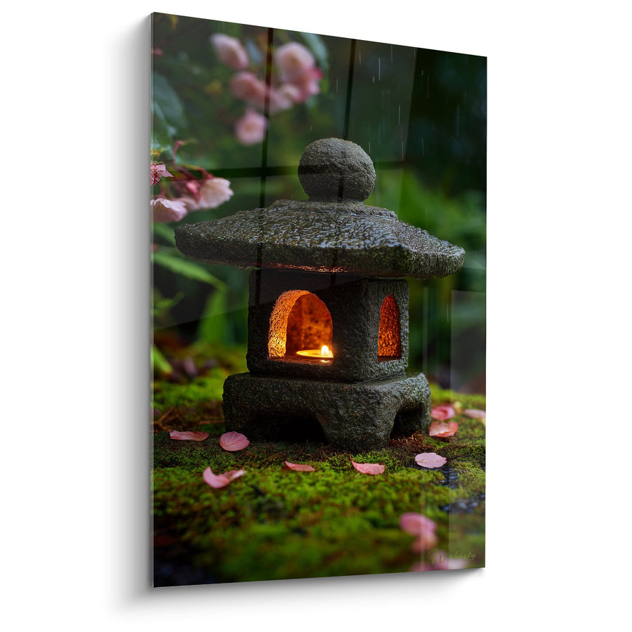 Tableau lanterne japonaise en pierre avec lumière dorée sous la pluie - Sérénité nocturne - Edition Lanterne