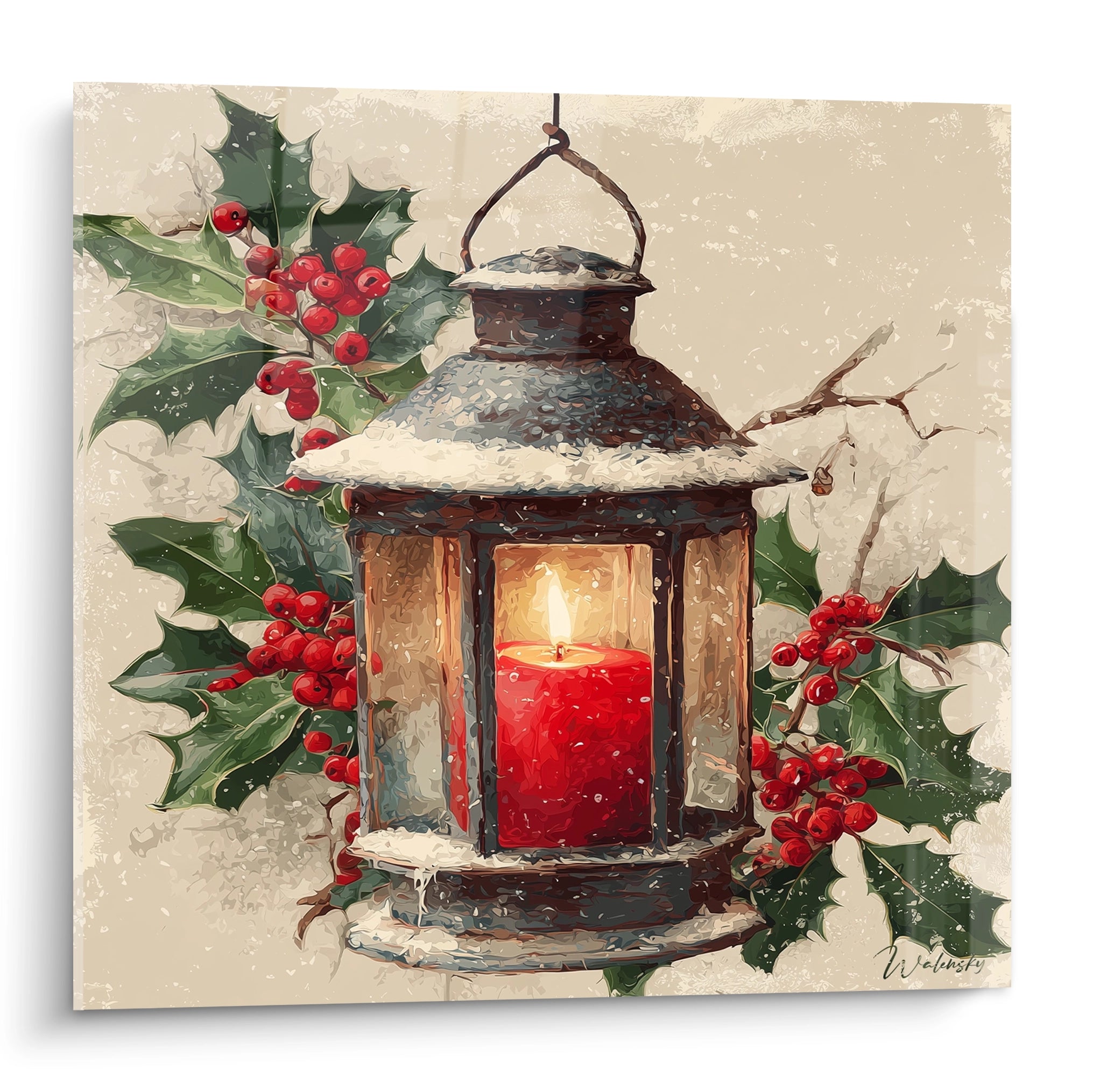 Tableau lanterne Noël avec bougie rouge et feuillage de houx sur fond clair
