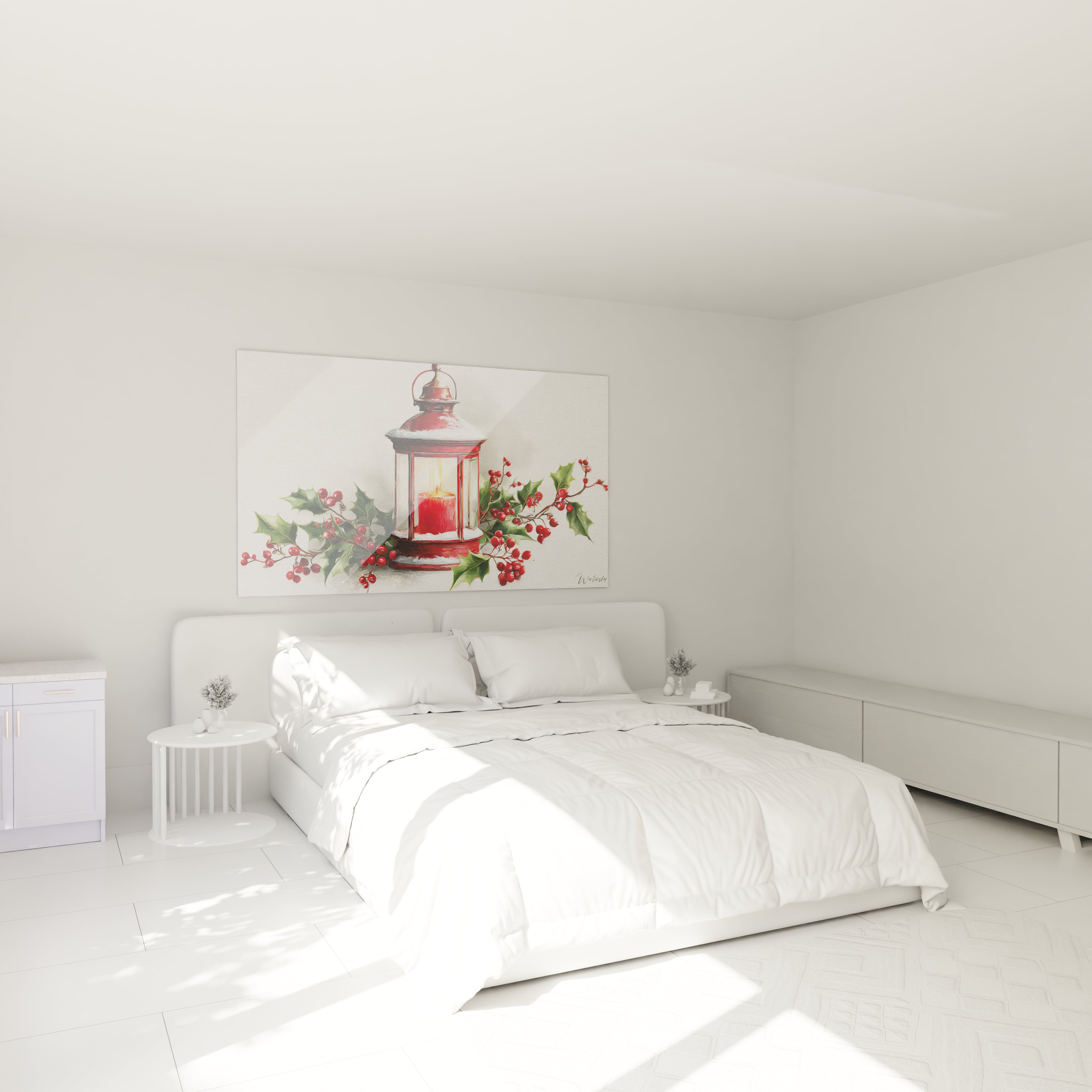Tableau mural lanterne Noël avec des branches de houx, parfait pour décorer une chambre moderne