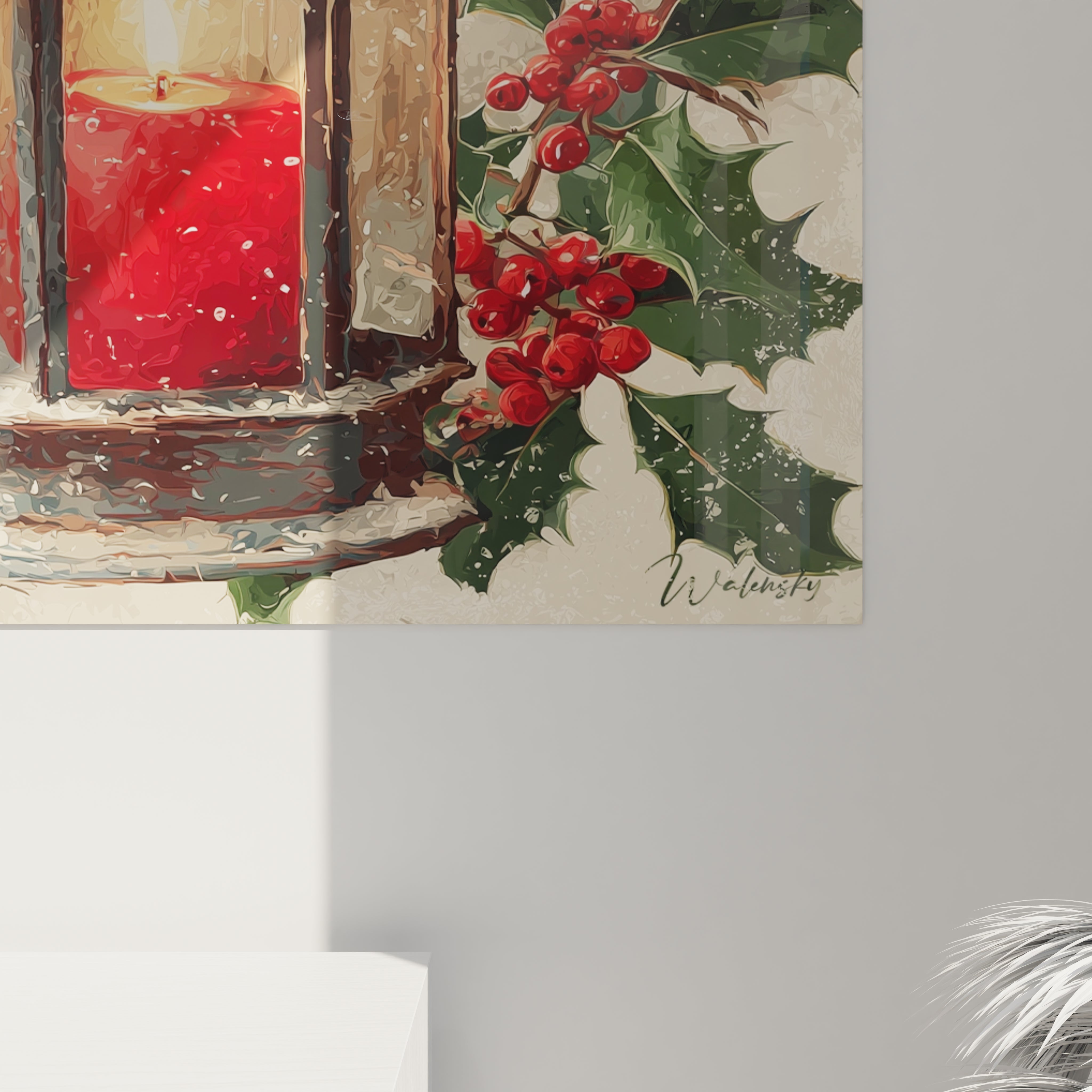 Tableau mural lanterne Noël avec bougie rouge et feuilles de houx décoratives de Walensky