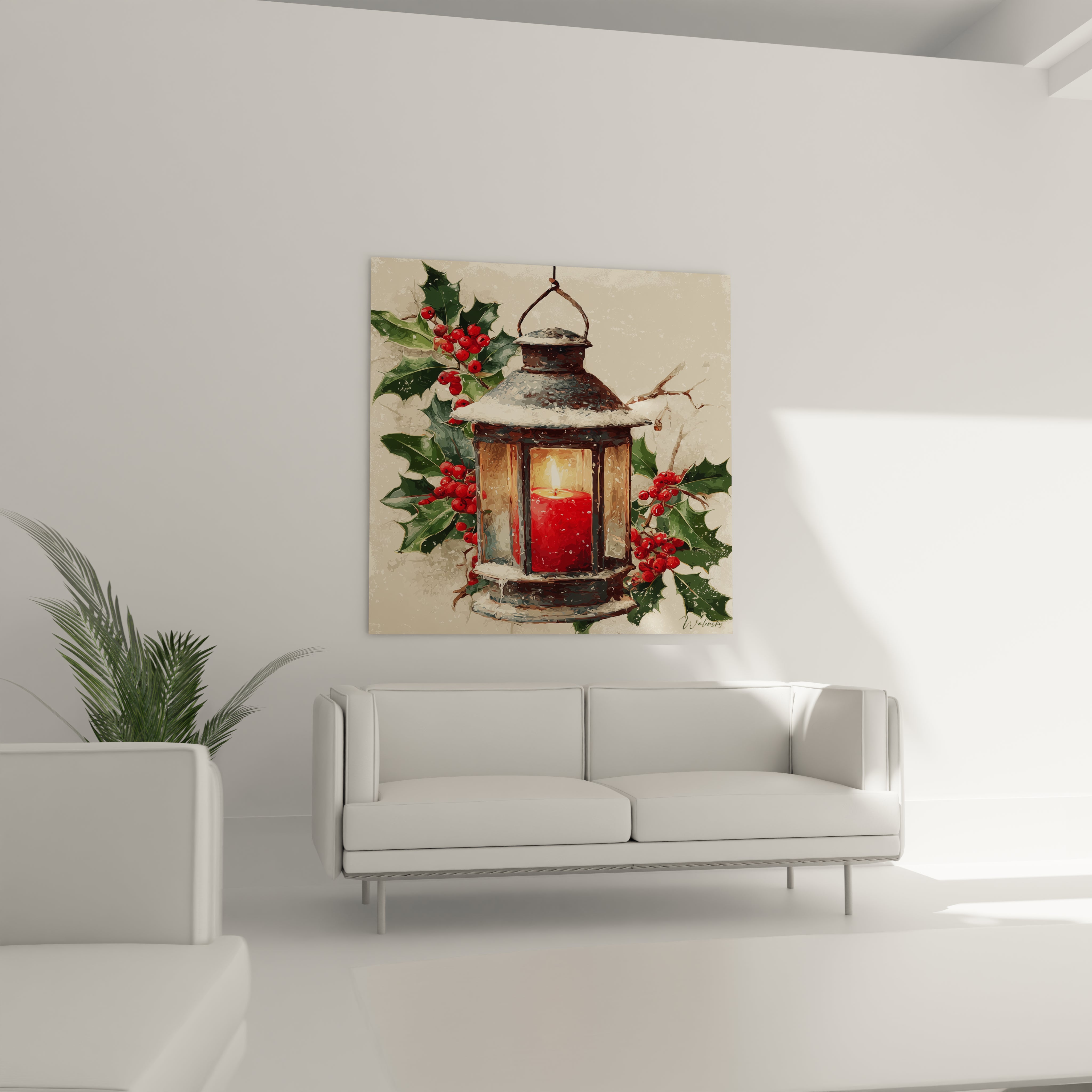 Tableau murale lanterne Noël décoratif avec des baies rouges sur un fond neutre
