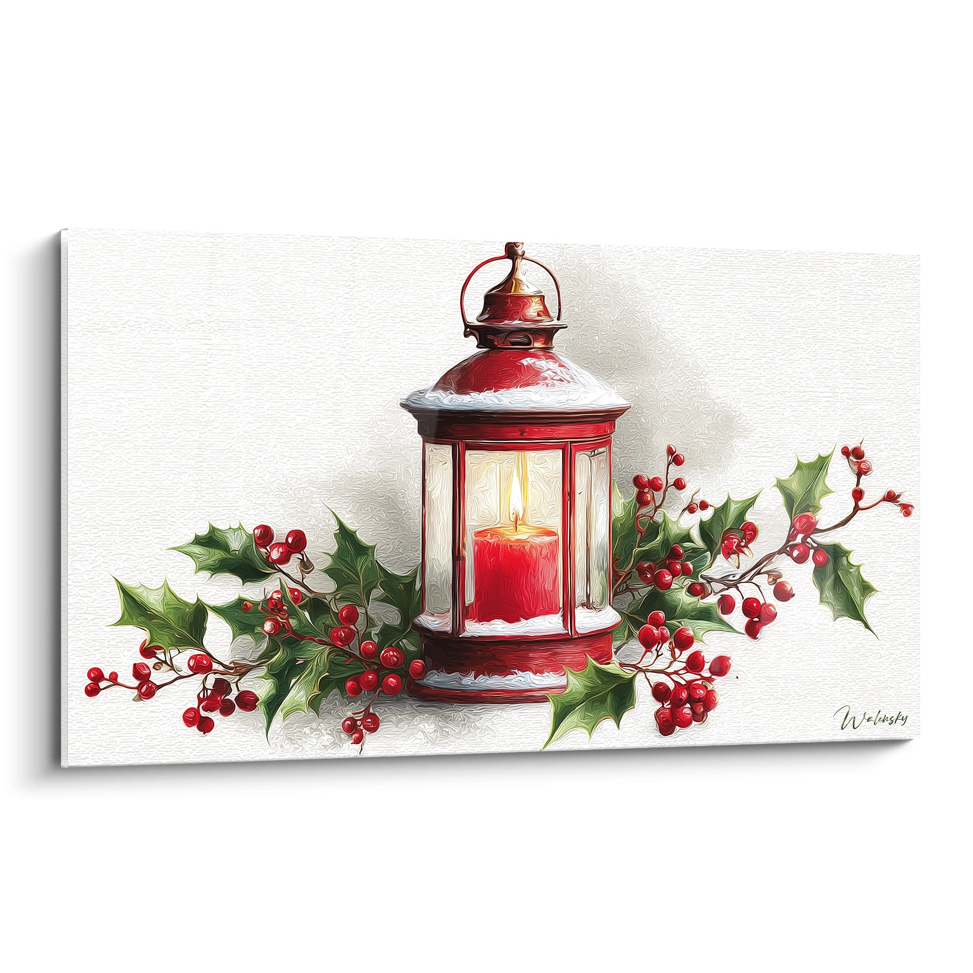 Tableau mural décoratif avec lanterne rouge et baies pour Noël, tableau lanterne Noël par Walensky