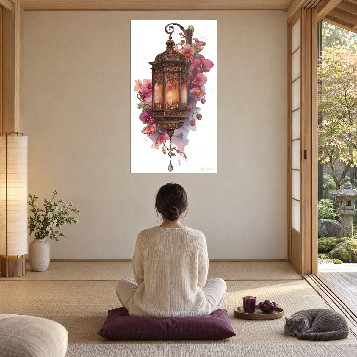 Wall art mystical bronze lantern, orange candle and pink orchids, facing a meditating woman seated beside a grey cat