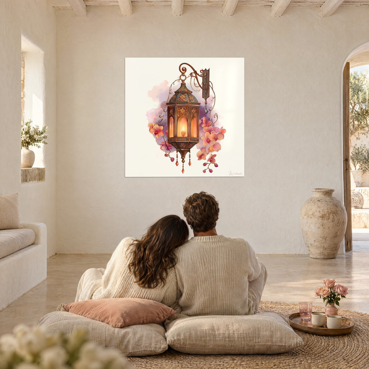 Wall art Mystical light of a Persian lantern, warm flame, apricot orchids and mauve spots, vaulted living room with whitewashed lime walls
