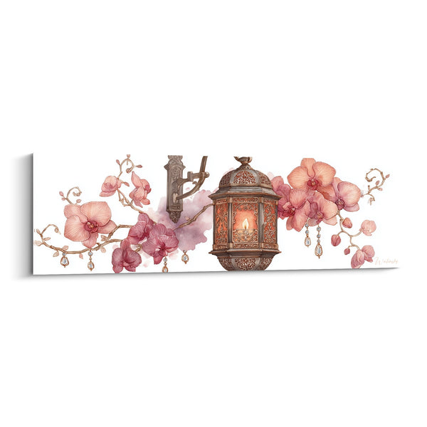 Tafel lantaarn oosters brons met roze orchideeën en hangende kristallen - Oosterse Gloed - Editie Lantaarn