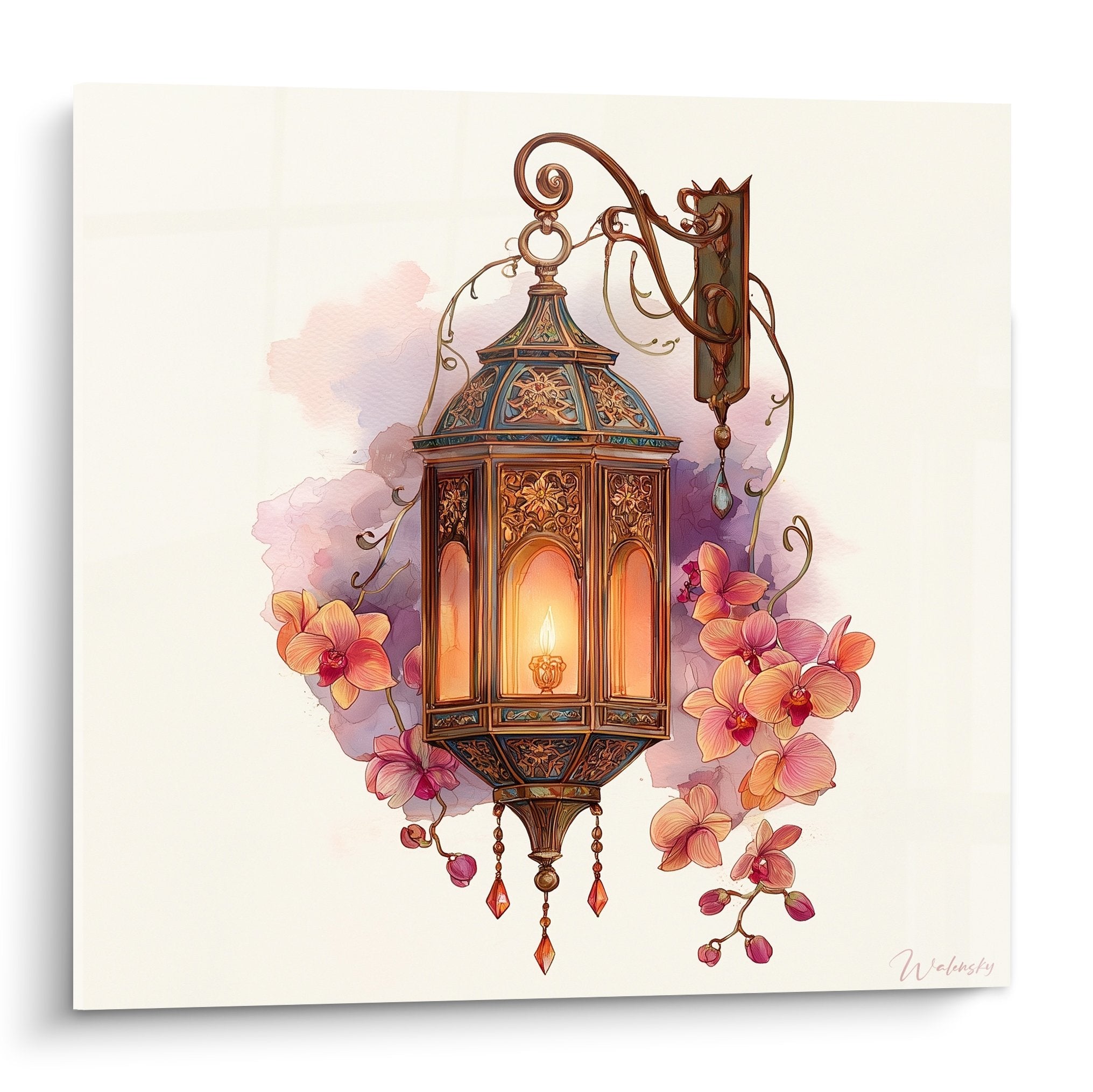 lanterne orientale bronze avec orchidees roses et mauves sur fond violet tableau decoratif