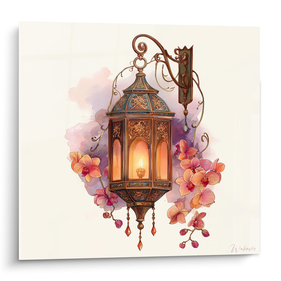 Tableau Lanterne Orientale Bronze avec Orchidées Rose et Mauve - Lumière Mystique - Edition Lanterne