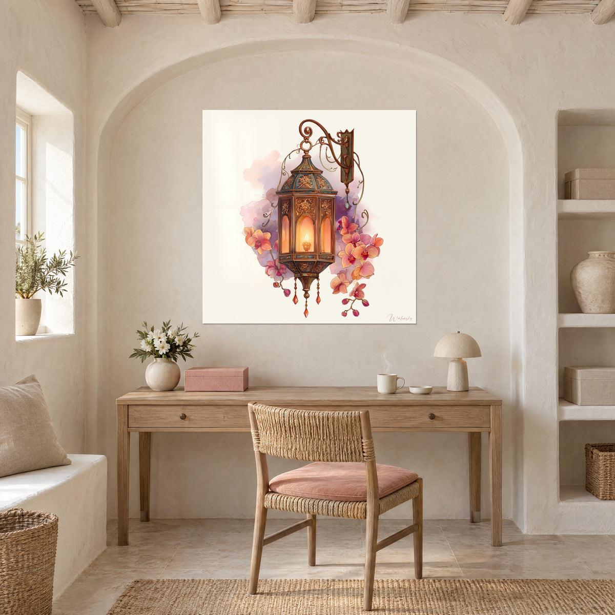 Wall art Moorish-style chandelier, blue-green roof and copper, vivid pink orchids on a cream background, above a light wood desk