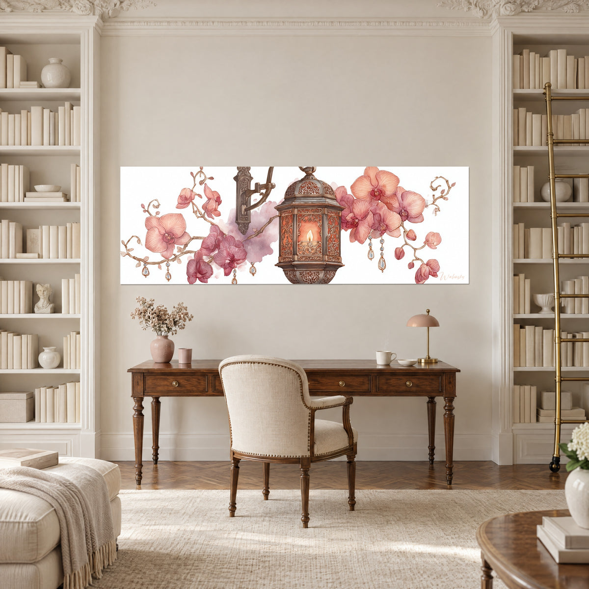 Wall art with flowering rose and brown branches and copper lantern, wooden desk between two white bookcases
