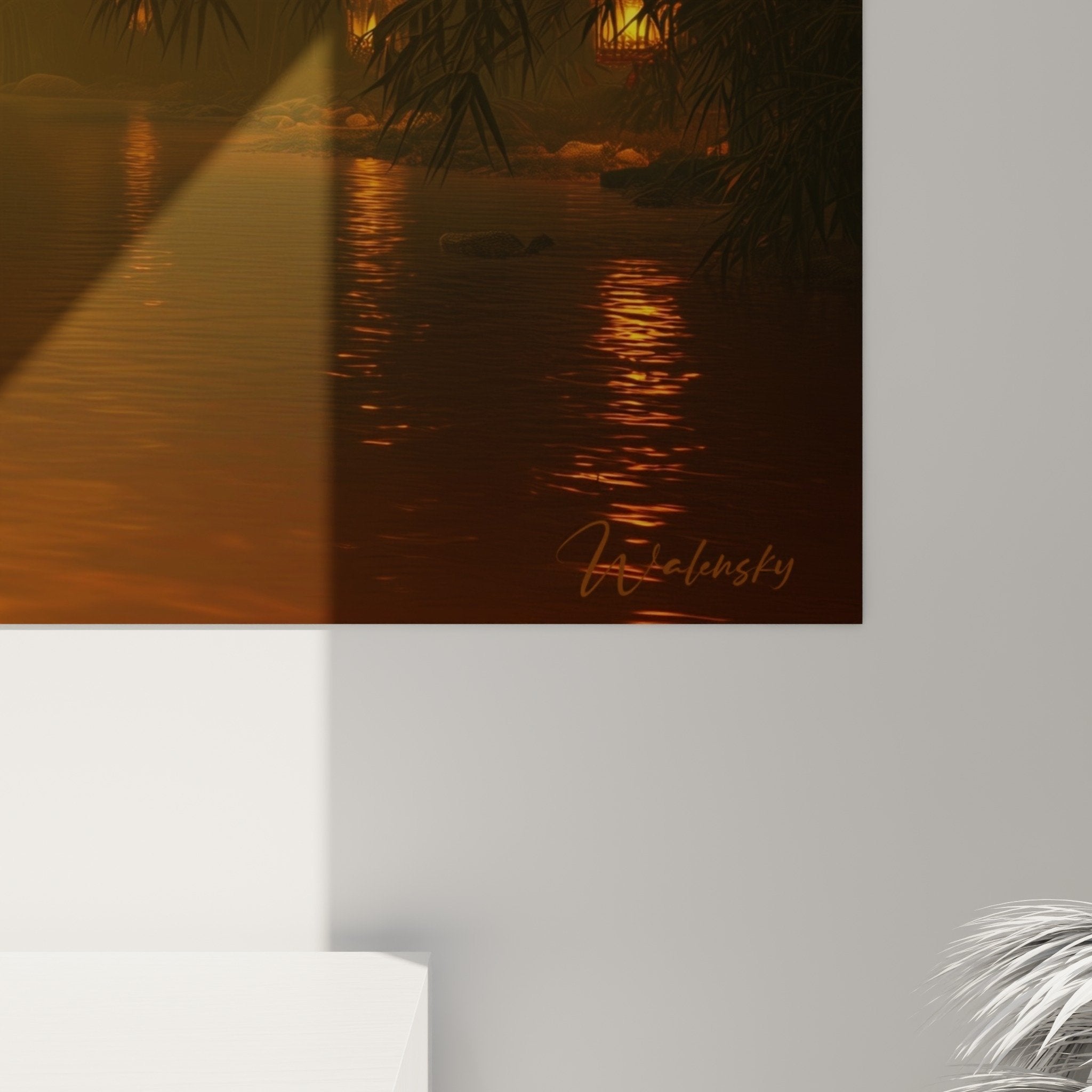 Overall view oriental lantern artwork nocturnal water wall decoration mysterious oriental atmosphere