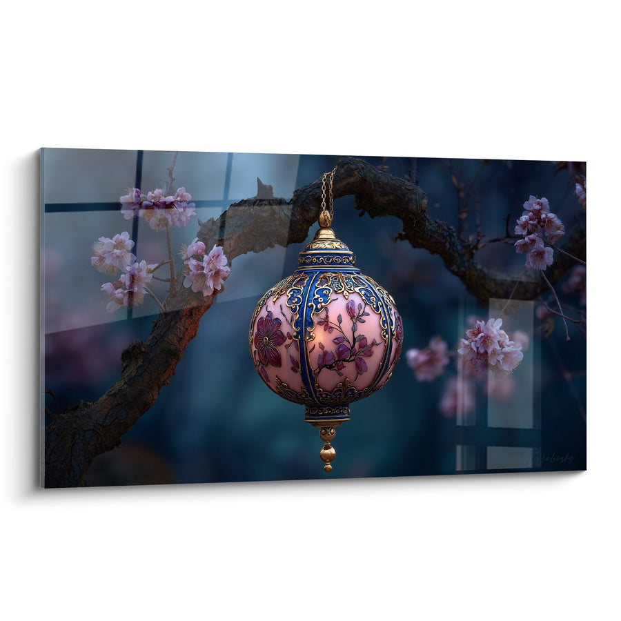 Tableau Lanterne Ornementale Rose et Bleue sur Branche Fleurie - Élégance Orientale - Edition Lanterne