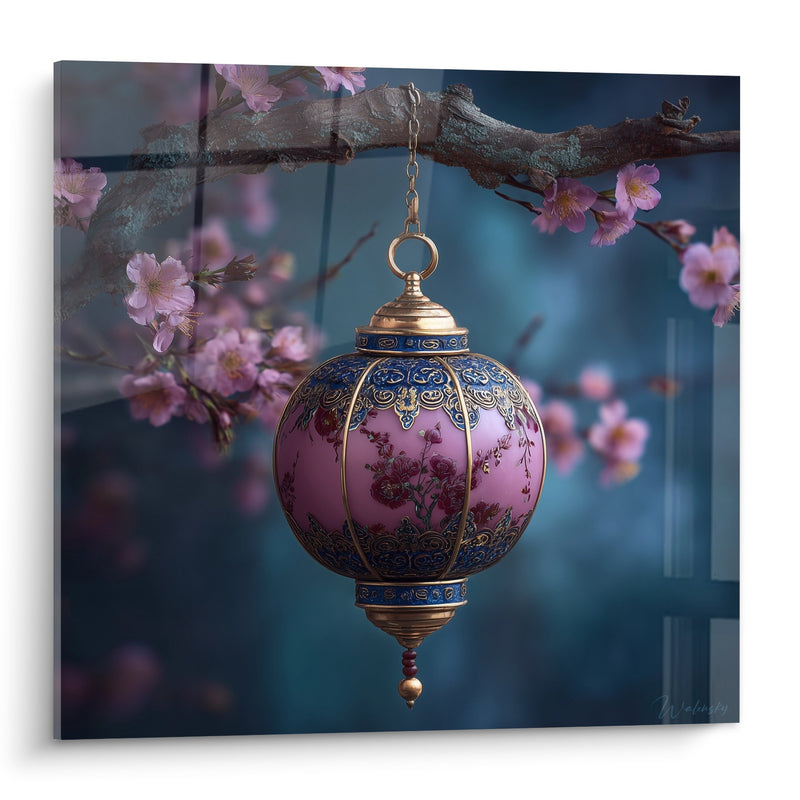 Tableau Lanterne Orientale Rose et Or Suspendue à Branche Fleurie - Éclat Printanier - Edition Lanterne