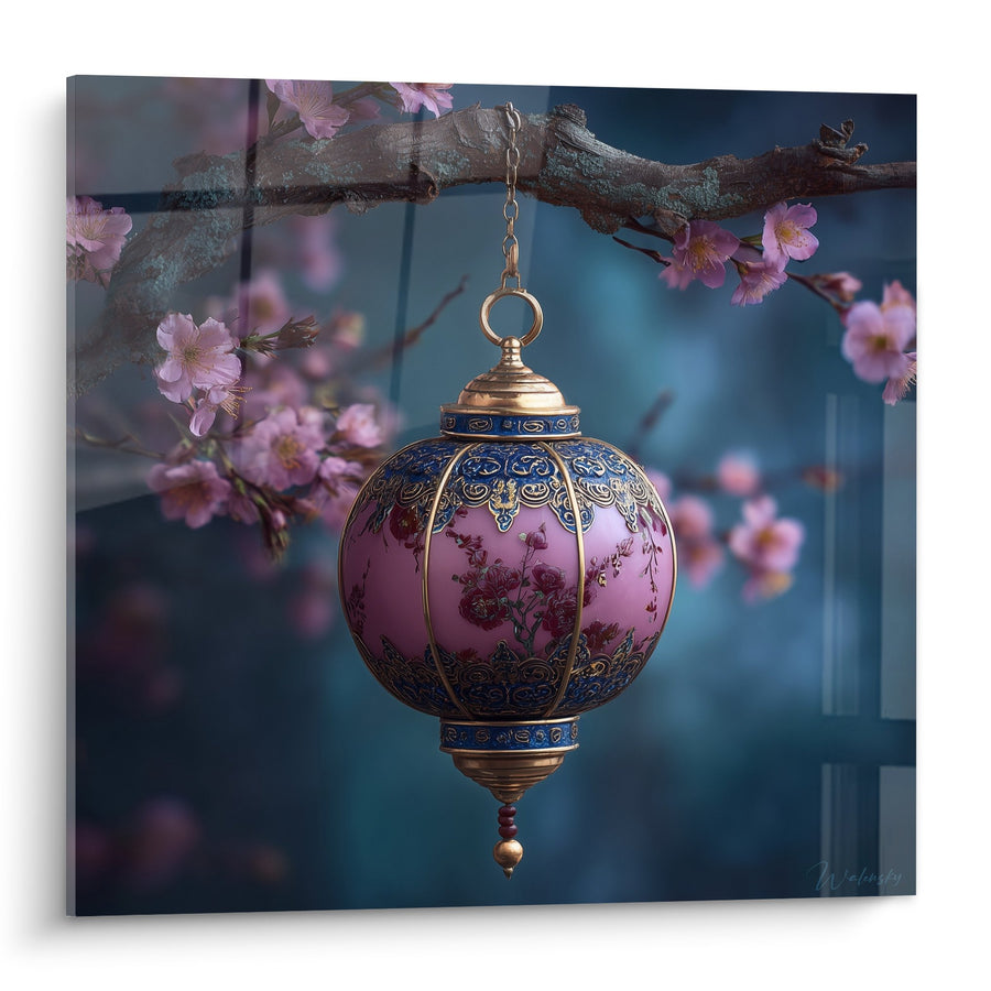 Tableau Lanterne Orientale Rose et Or Suspendue à Branche Fleurie - Éclat Printanier - Edition Lanterne