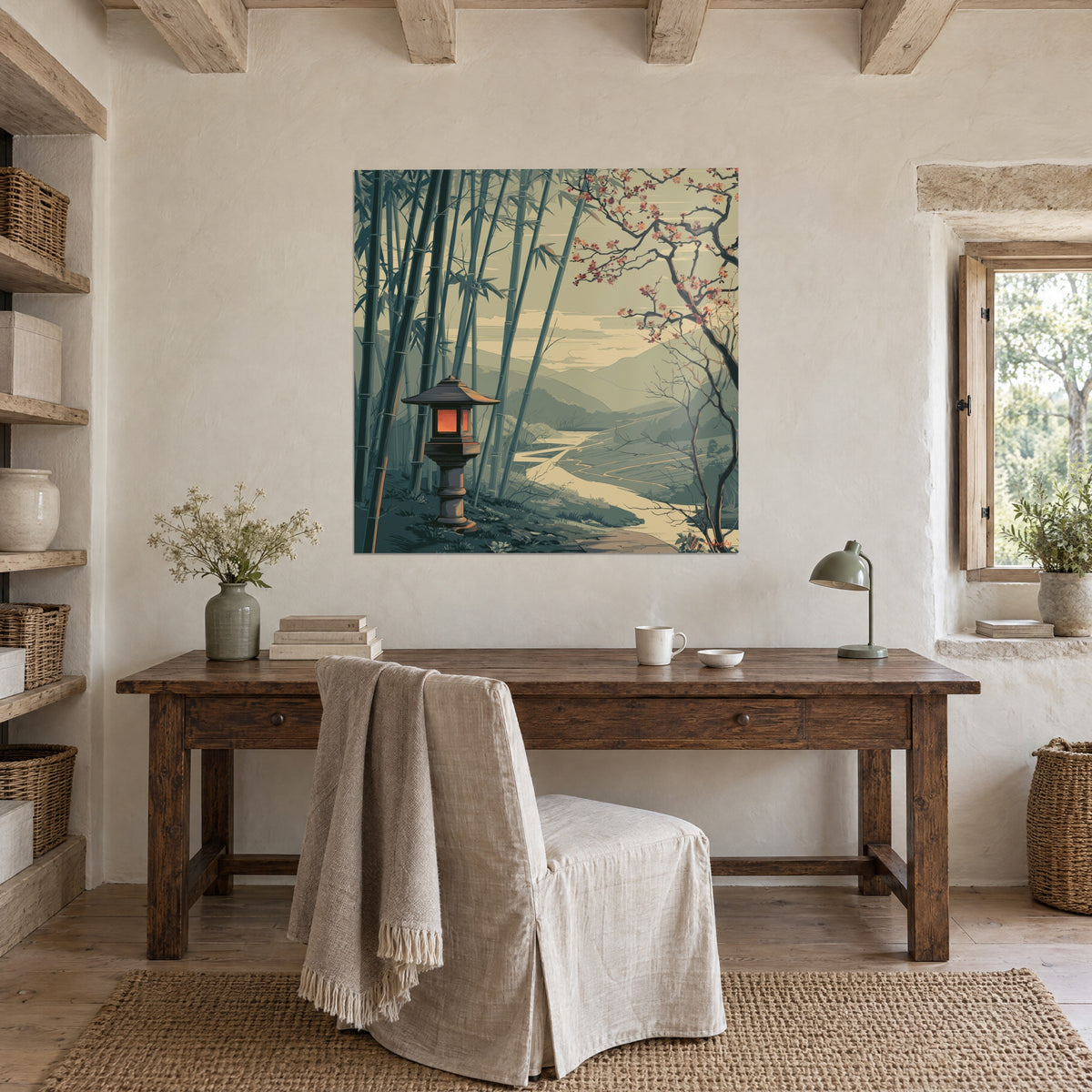 Quadro giardino zen con steli di bambù slanciati verde salvia, lanterna di pietra arancione luminosa, cielo beige, sopra una scrivania in legno antico