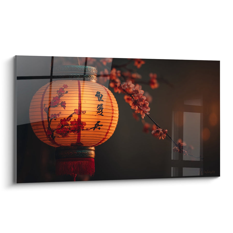 Tableau Lanterne Rouge Illuminée avec Fleurs de Cerisier et Calligraphie - Lumière Orientale - Edition Lanterne