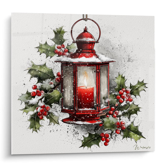 Tableau mural lanterne rouge Noël avec une bougie et des baies sur fond neigeux