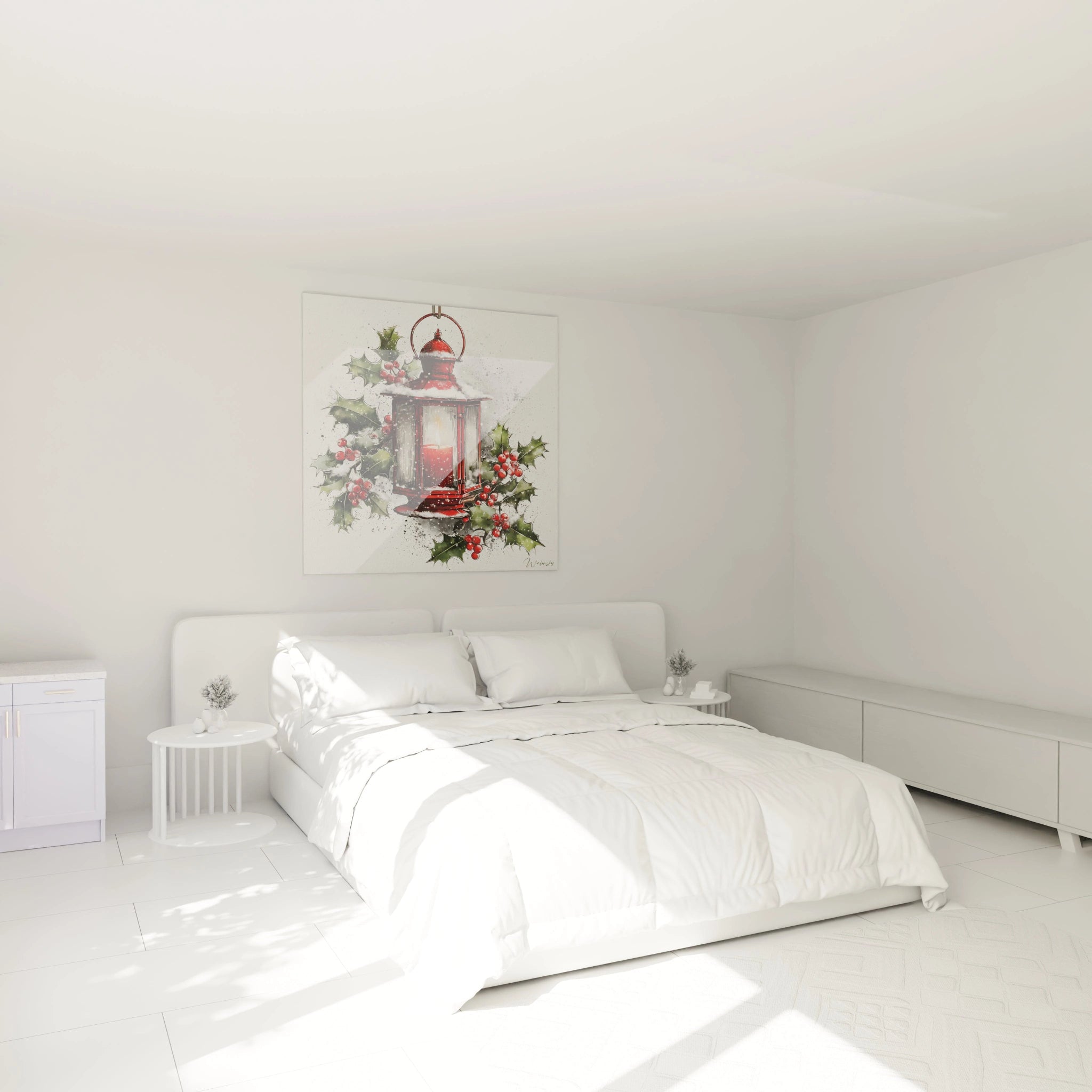 Tableau lanterne rouge Noël décoratif, ajoutant une touche festive à la chambre moderne
