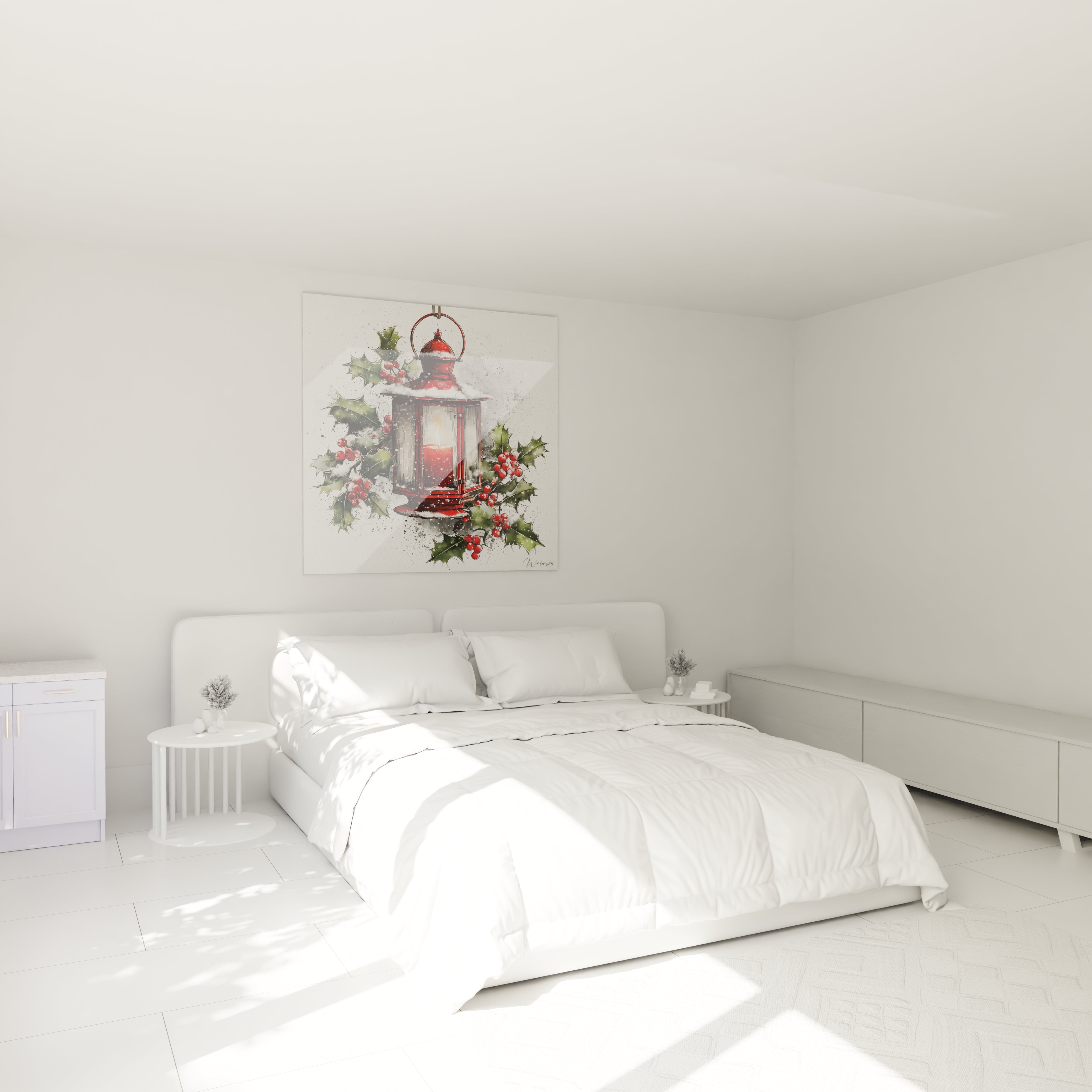 Tableau lanterne rouge Noël décoratif, ajoutant une touche festive à la chambre moderne