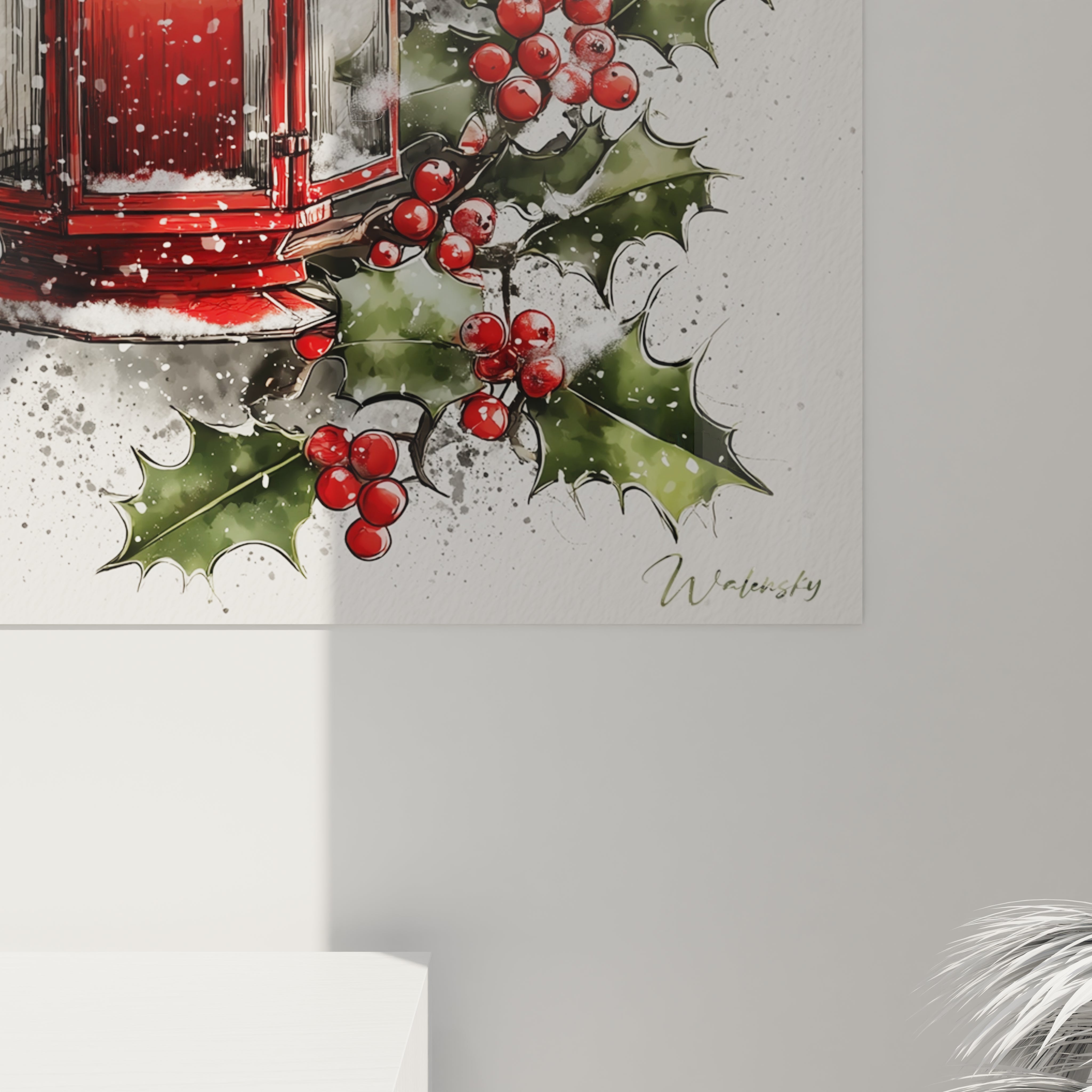 Tableau lanterne rouge Noël avec branches de houx et baies décoratives, signé Walensky