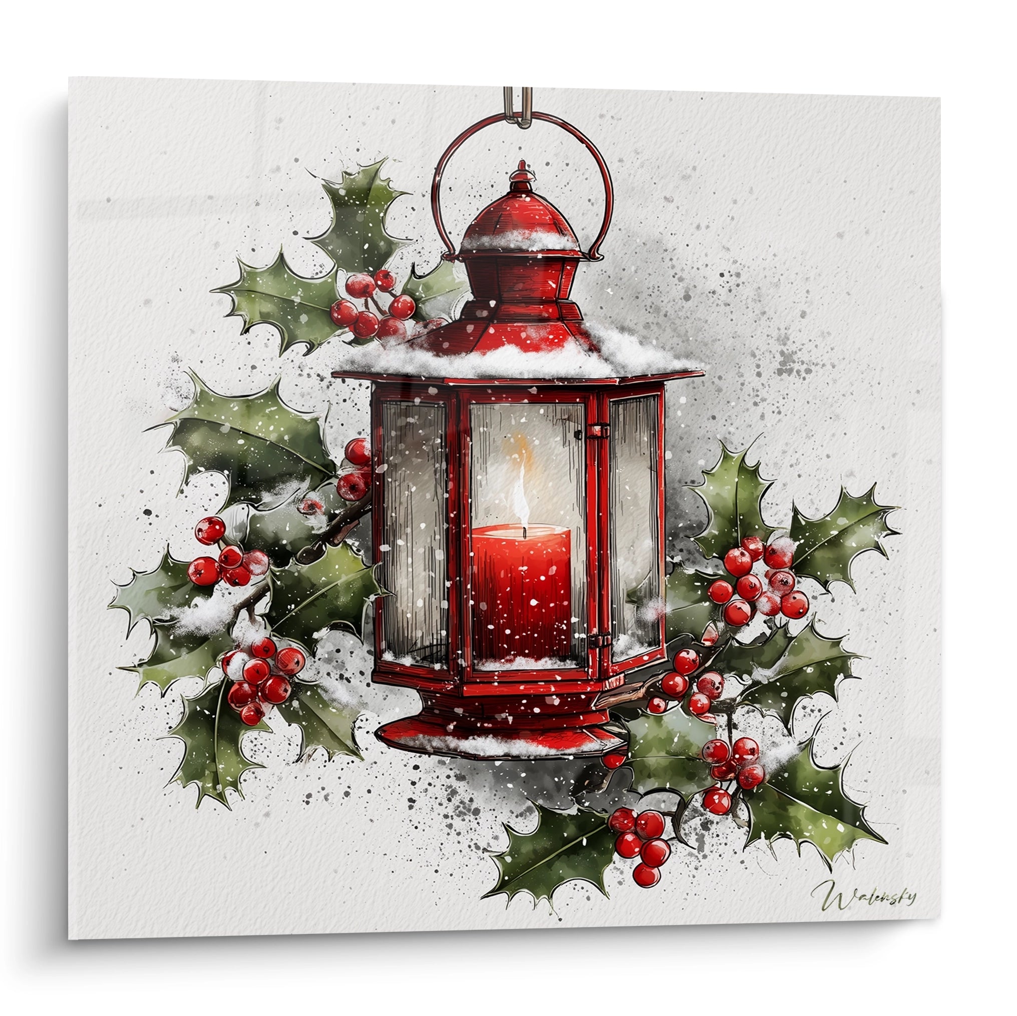Tableau mural lanterne rouge Noël avec une bougie et des baies sur fond neigeux