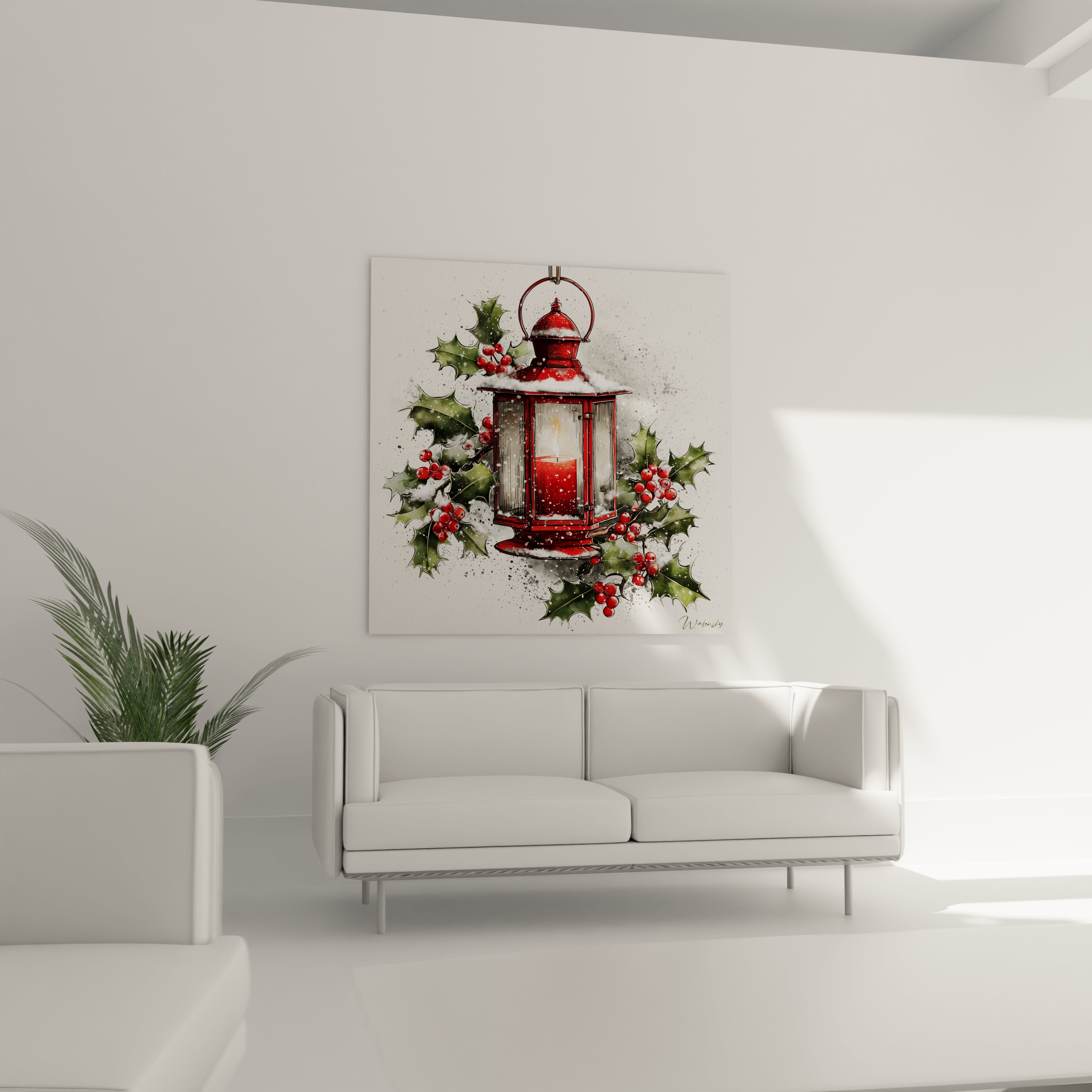 Tableau lanterne rouge Noël avec des baies et un fond blanc, parfait pour la décoration festive