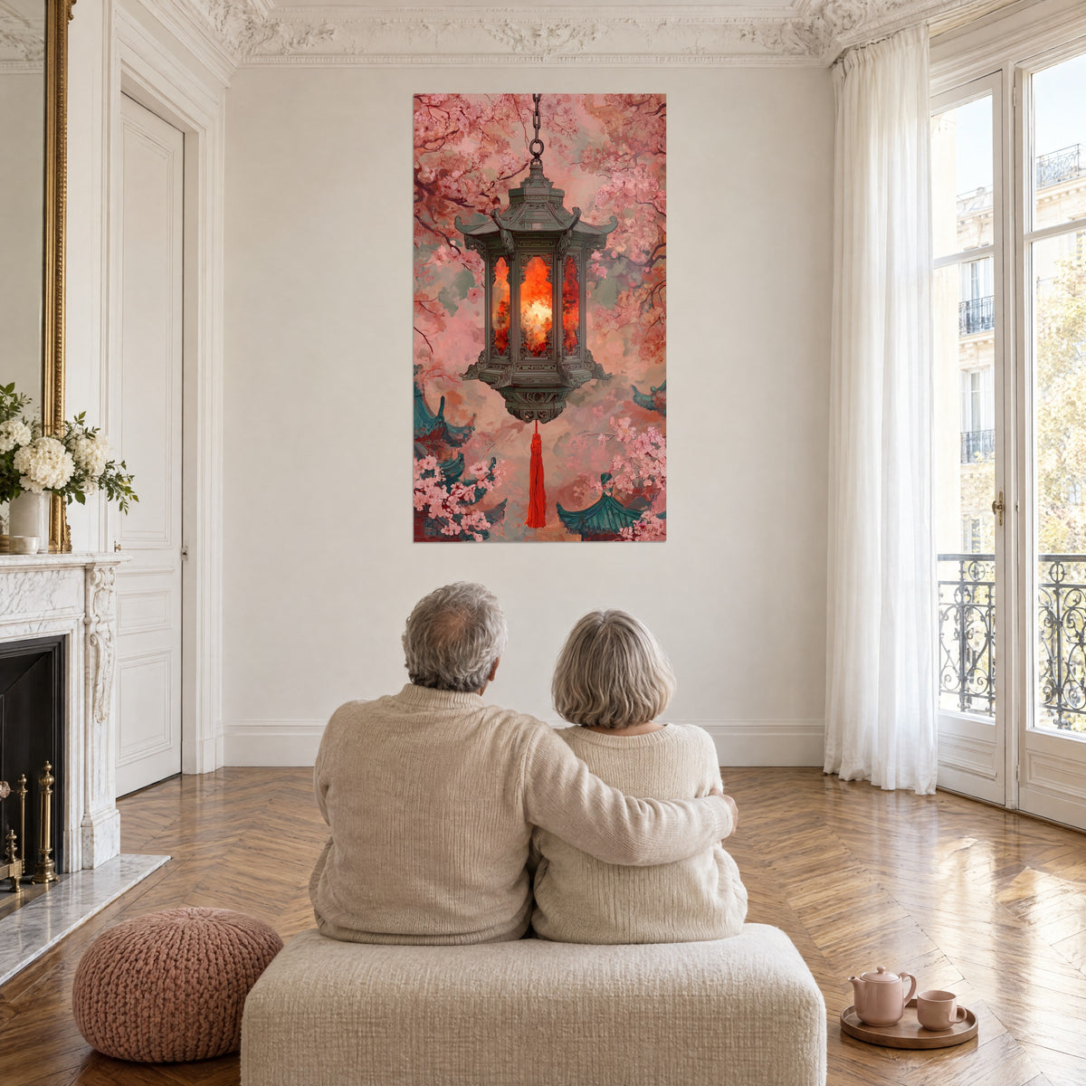 Quadro Lanterna mistica da giardino, vetri arancio-rosso, ciliegi rosa e tetti turchesi, ammirato da una coppia seduta su un pouf