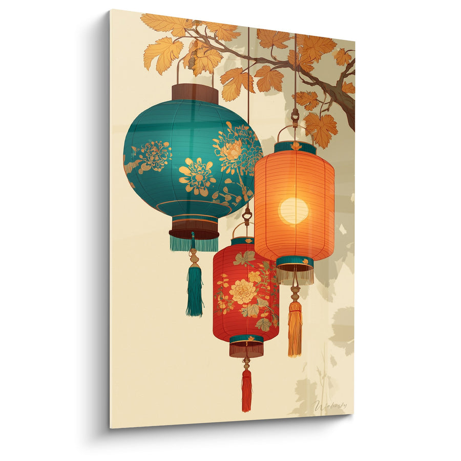 Tableau Lanternes Chinoises Colorées Suspendues aux Tons Turquoise Orange et Rouge - Lumières d'Automne - Edition Lanterne