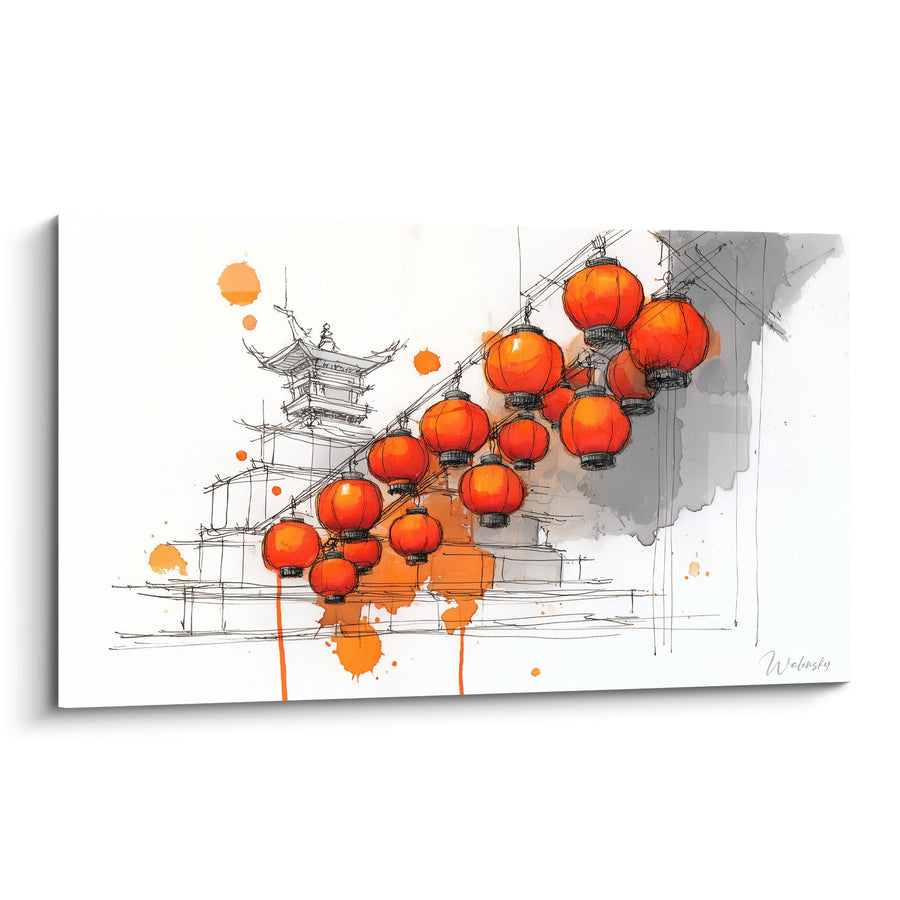 Tableau lanternes chinoises rouges suspendues pagode aquarelle gris orange - Lumières d'Orient - Edition Lanterne