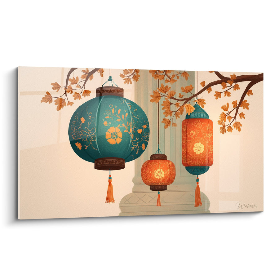 Tableau Lanternes Chinoises Turquoise et Orange avec Branches d'Automne - Lumières d'Orient - Edition Lanterne