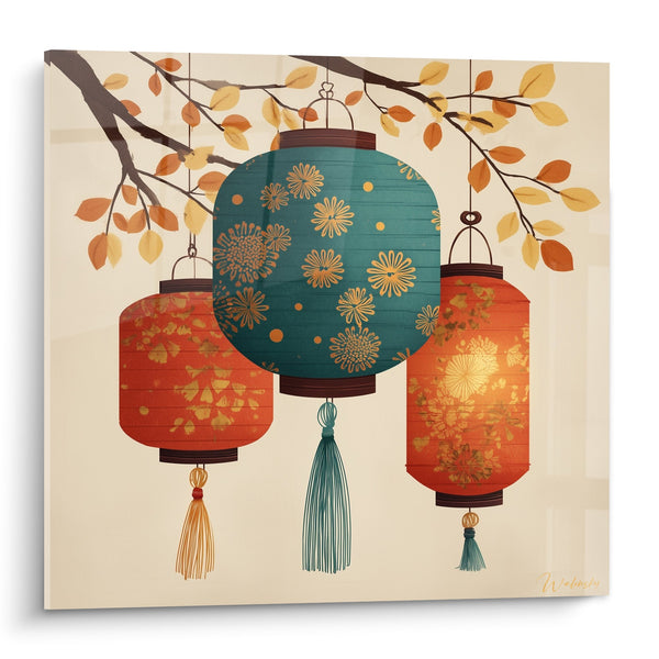 Schilderij Chinese Lantaarns Turquoise en Oranje Ophanging aan Takken - Herfstharmonie - Editie Lans. 