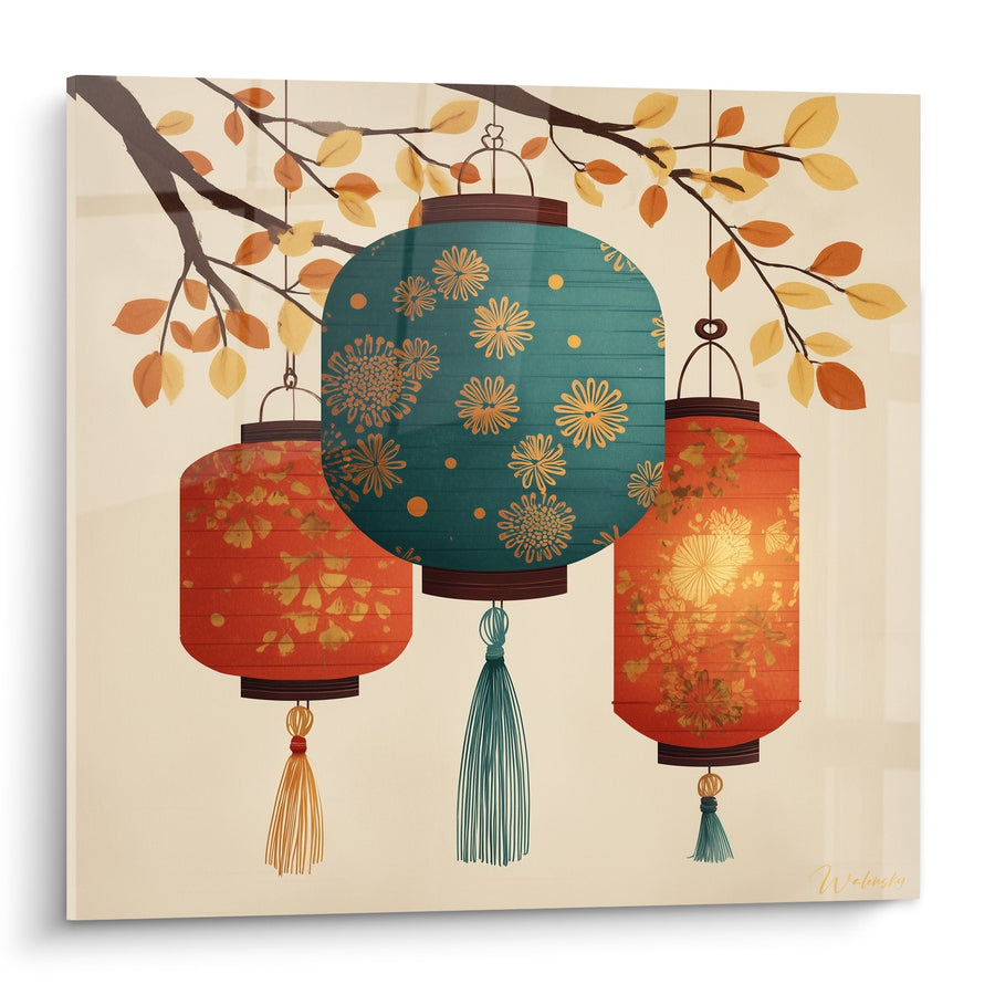 Tableau Lanternes Chinoises Turquoise et Orange Suspendues aux Branches - Harmonie Automnale - Edition Lanterne