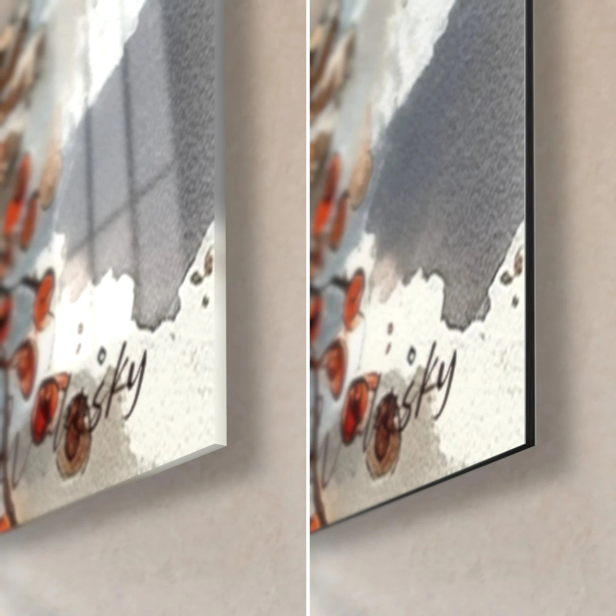 Tableau lanternes de Noël, coin bas droit : baies rouges et signature sur fond crème, verre acrylique brillant face à l'alu Dibond mat