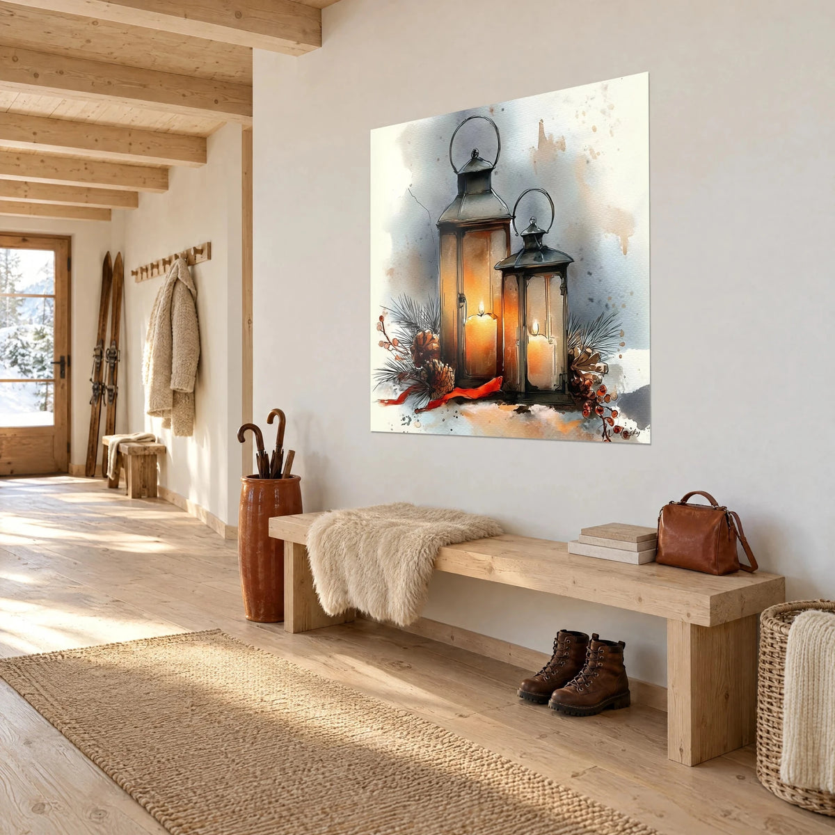 Tableau aquarelle de lanternes noires, flammes orangées sur fond bleu-gris éclaboussé, branches de sapin, vue de trois-quarts dans un chalet