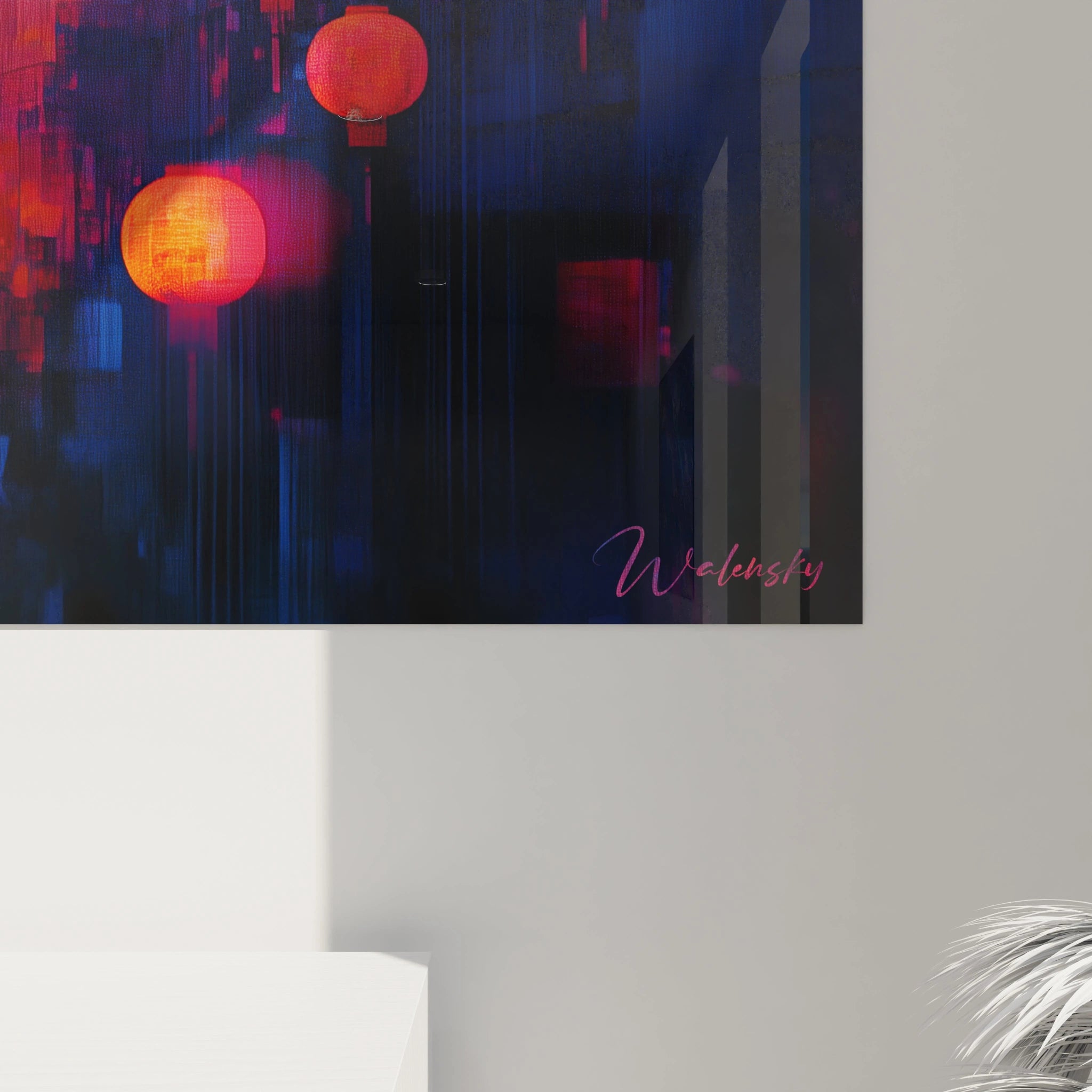 Tableau japon signé Walensky avec lanternes rouges lumineuses dans une scène nocturne urbaine