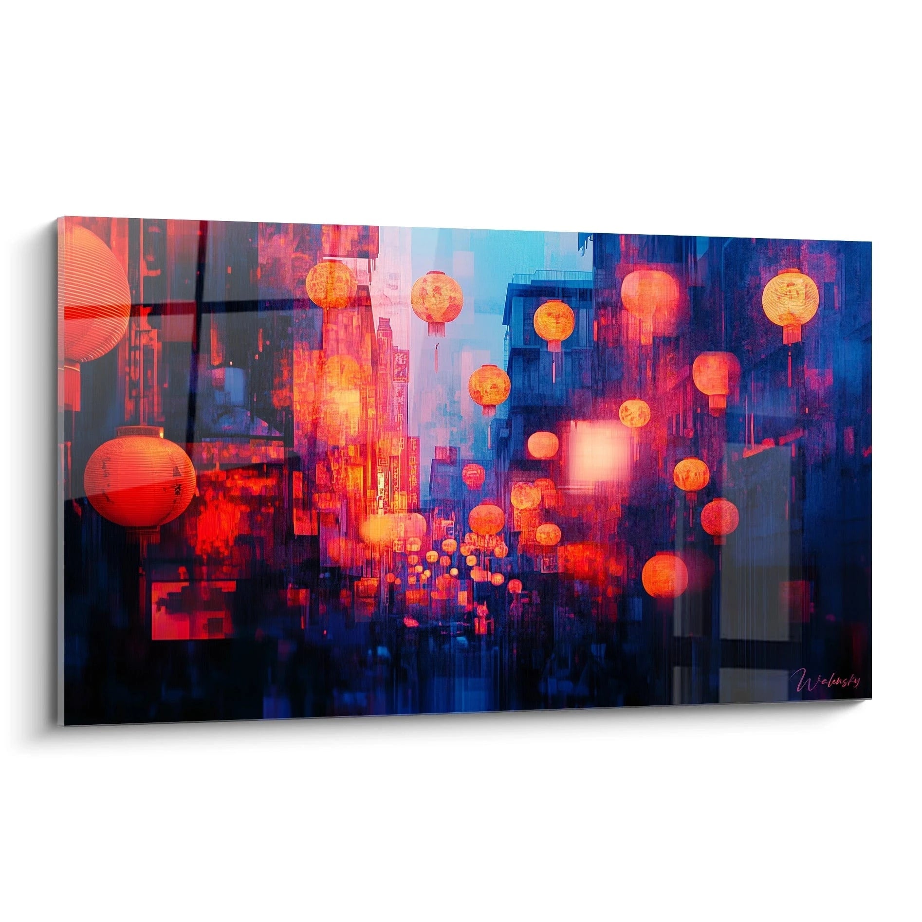 Tableau japon Walensky décoratif avec lanternes rouges illuminées dans une rue urbaine nocturne